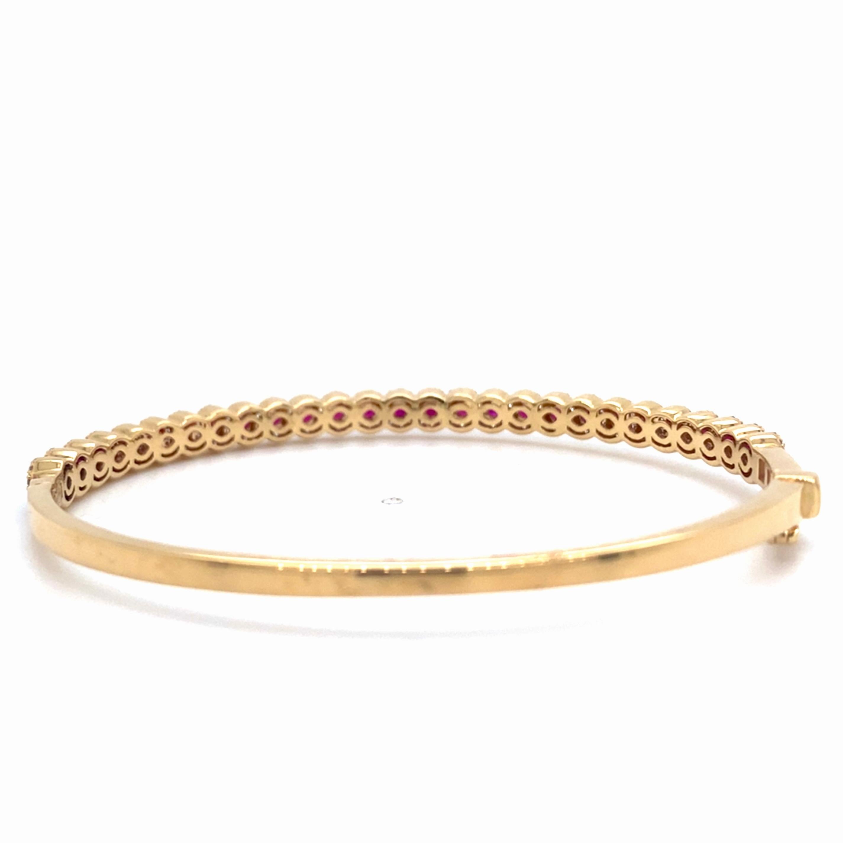 Contemporary Ruby & Diamond Halo Hinged Bangle Bracelet 14K Yellow Gold Oval Comfortable For Sale