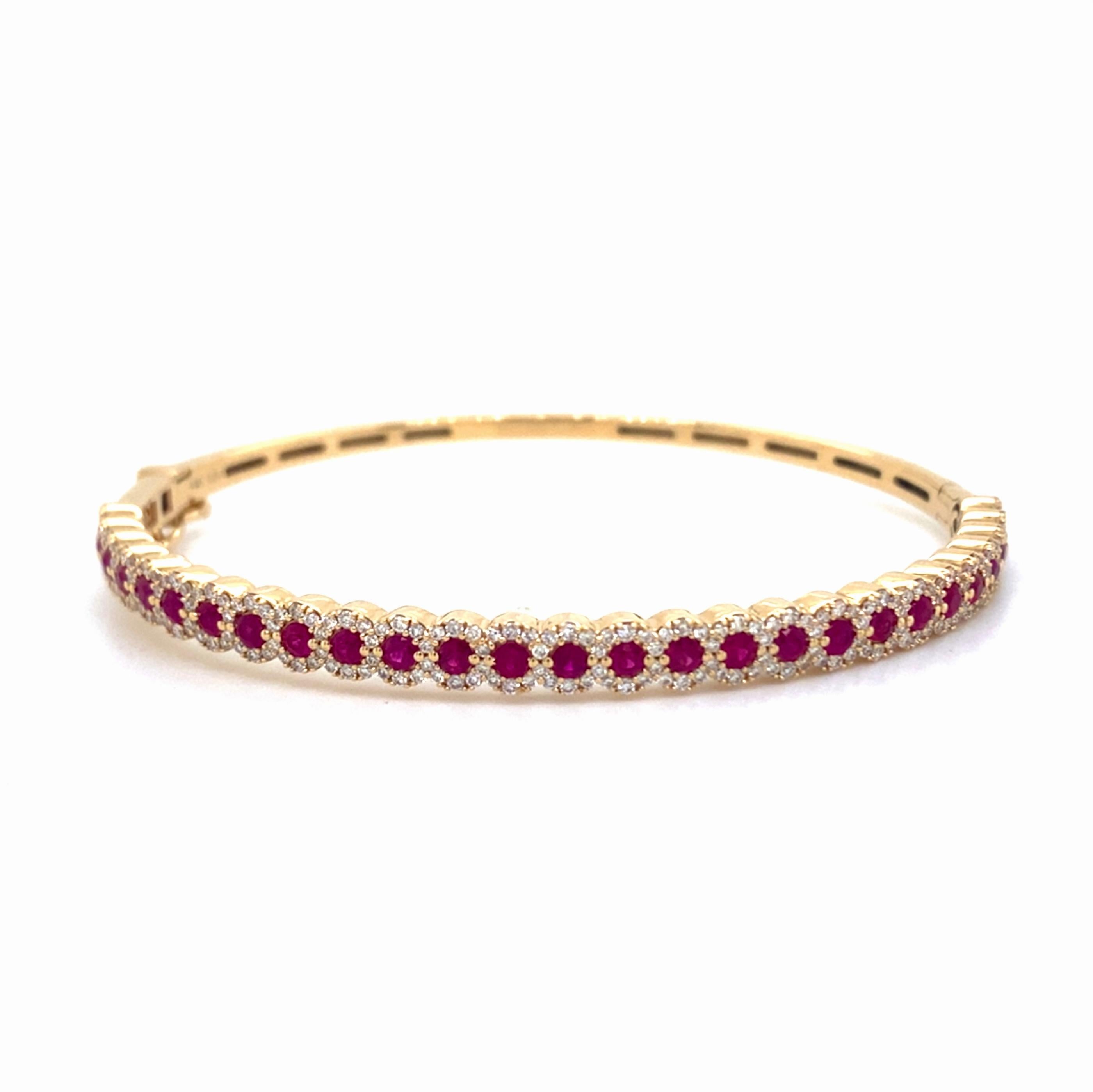 Round Cut Ruby & Diamond Halo Hinged Bangle Bracelet 14K Yellow Gold Oval Comfortable For Sale