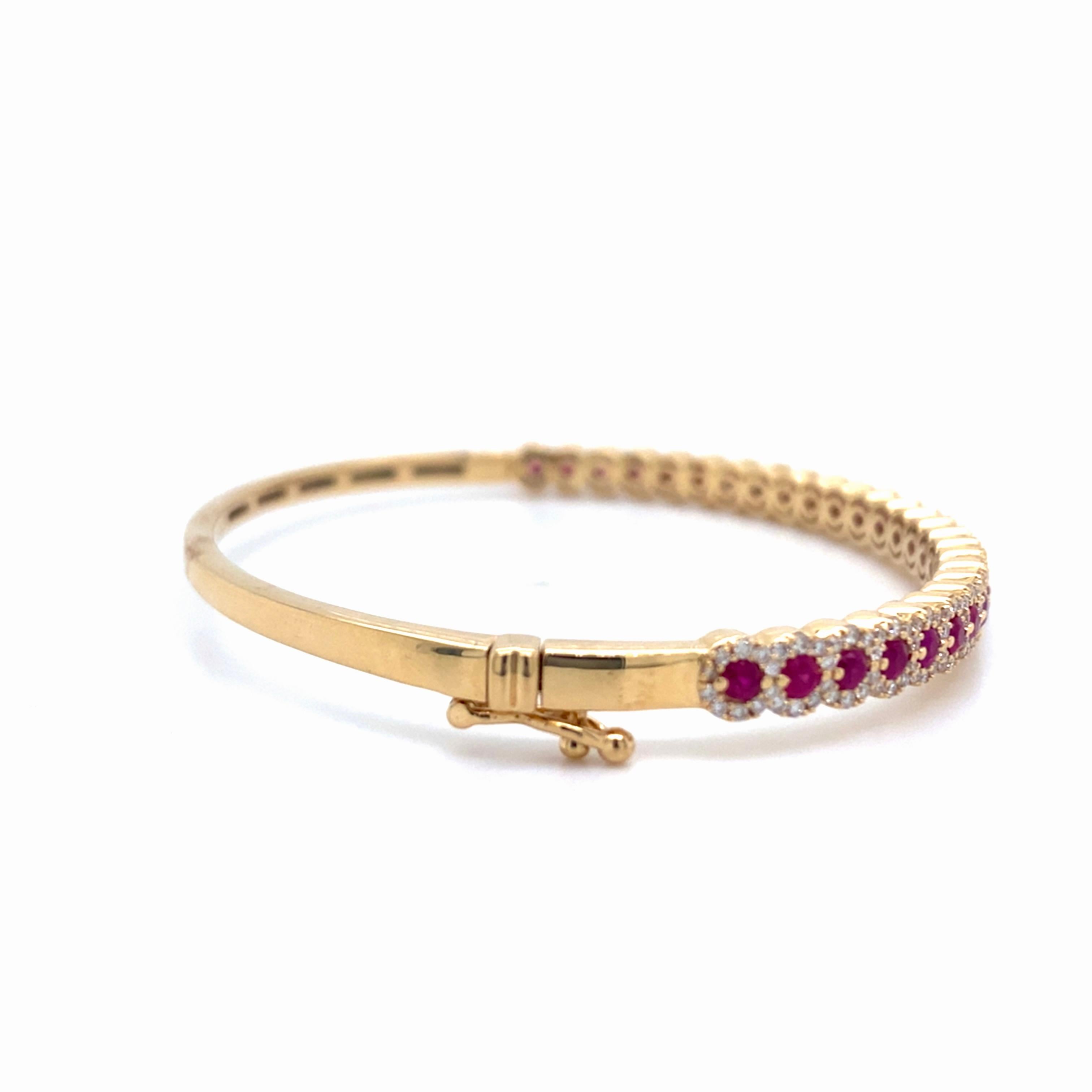 Women's Ruby & Diamond Halo Hinged Bangle Bracelet 14K Yellow Gold Oval Comfortable For Sale