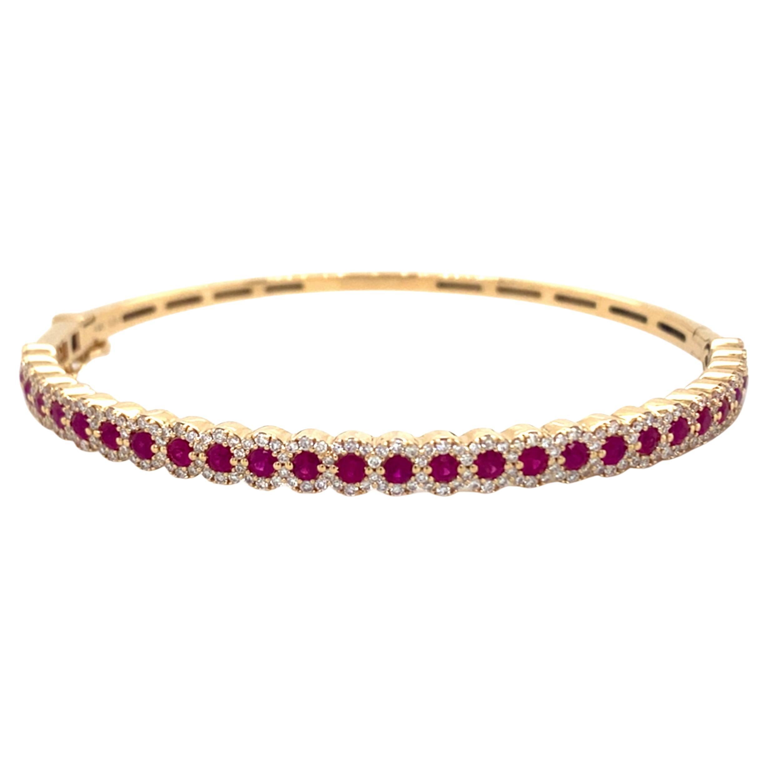 Ruby & Diamond Halo Hinged Bangle Bracelet 14K Yellow Gold Oval Comfortable For Sale