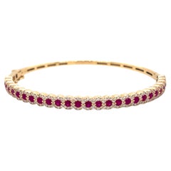 Ruby & Diamond Halo Hinged Bangle Bracelet 14K Yellow Gold Oval Comfortable