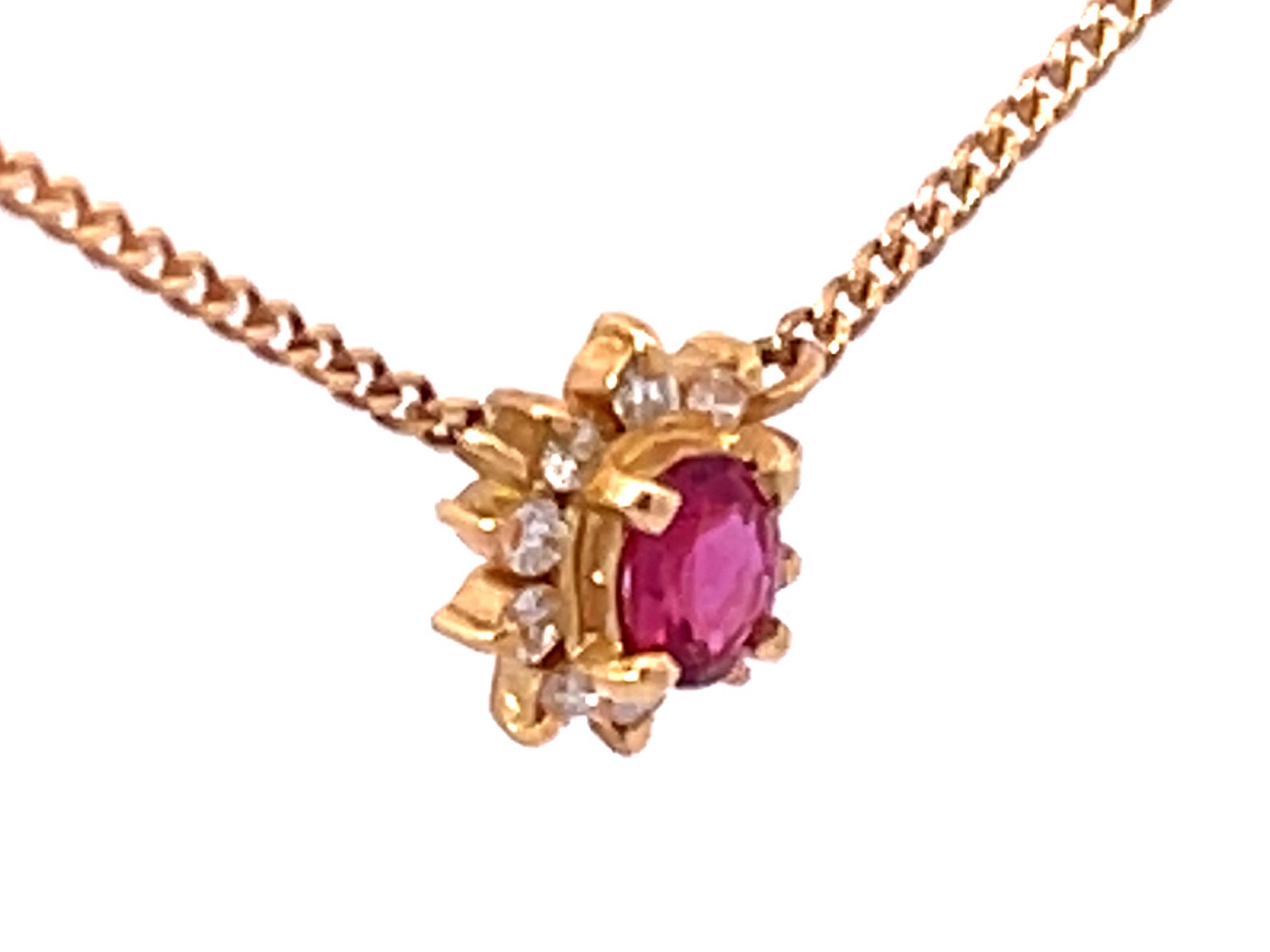 Modern Ruby Diamond Halo Necklace in 18k Yellow Gold For Sale