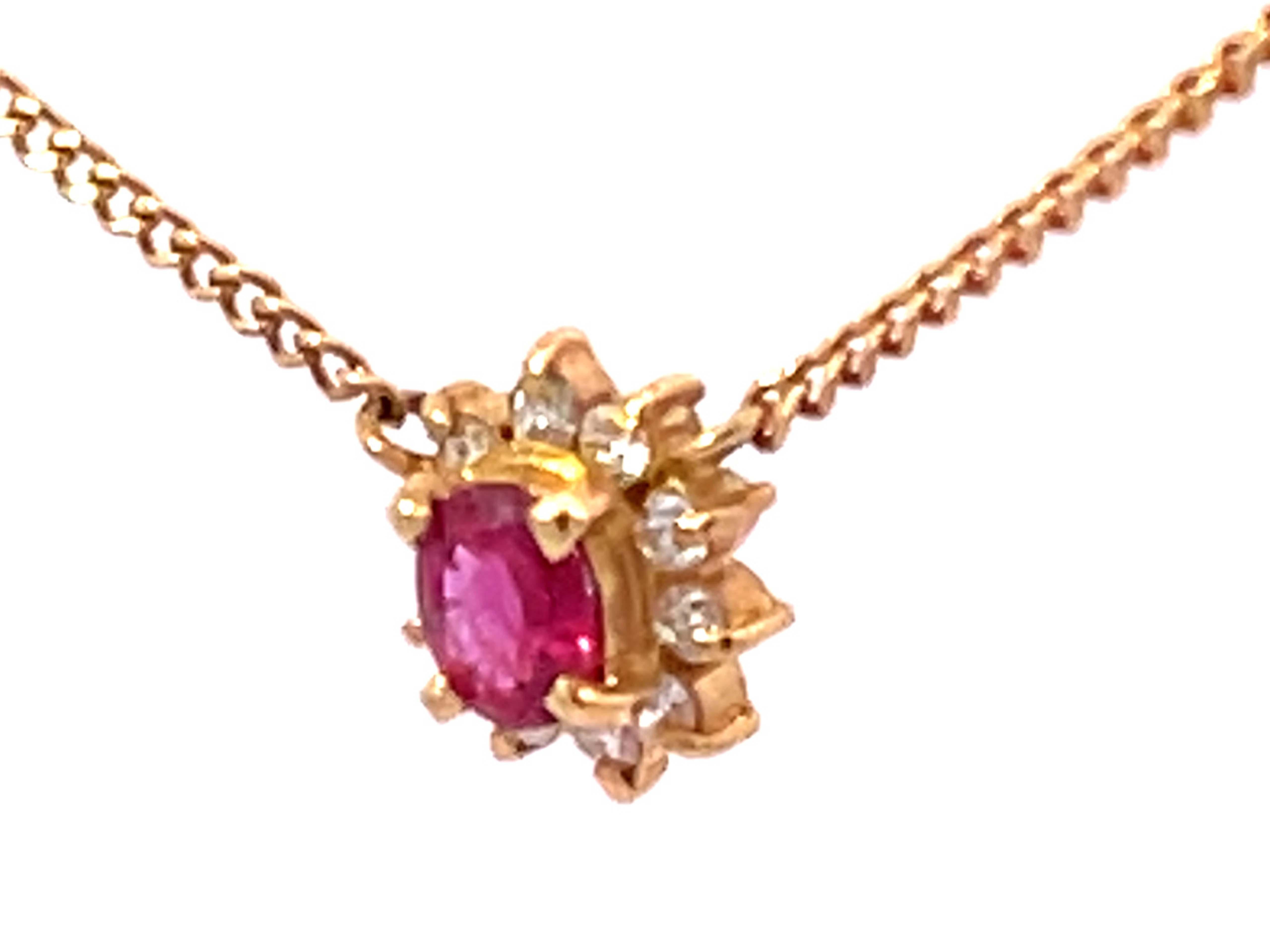 Oval Cut Ruby Diamond Halo Necklace in 18k Yellow Gold For Sale