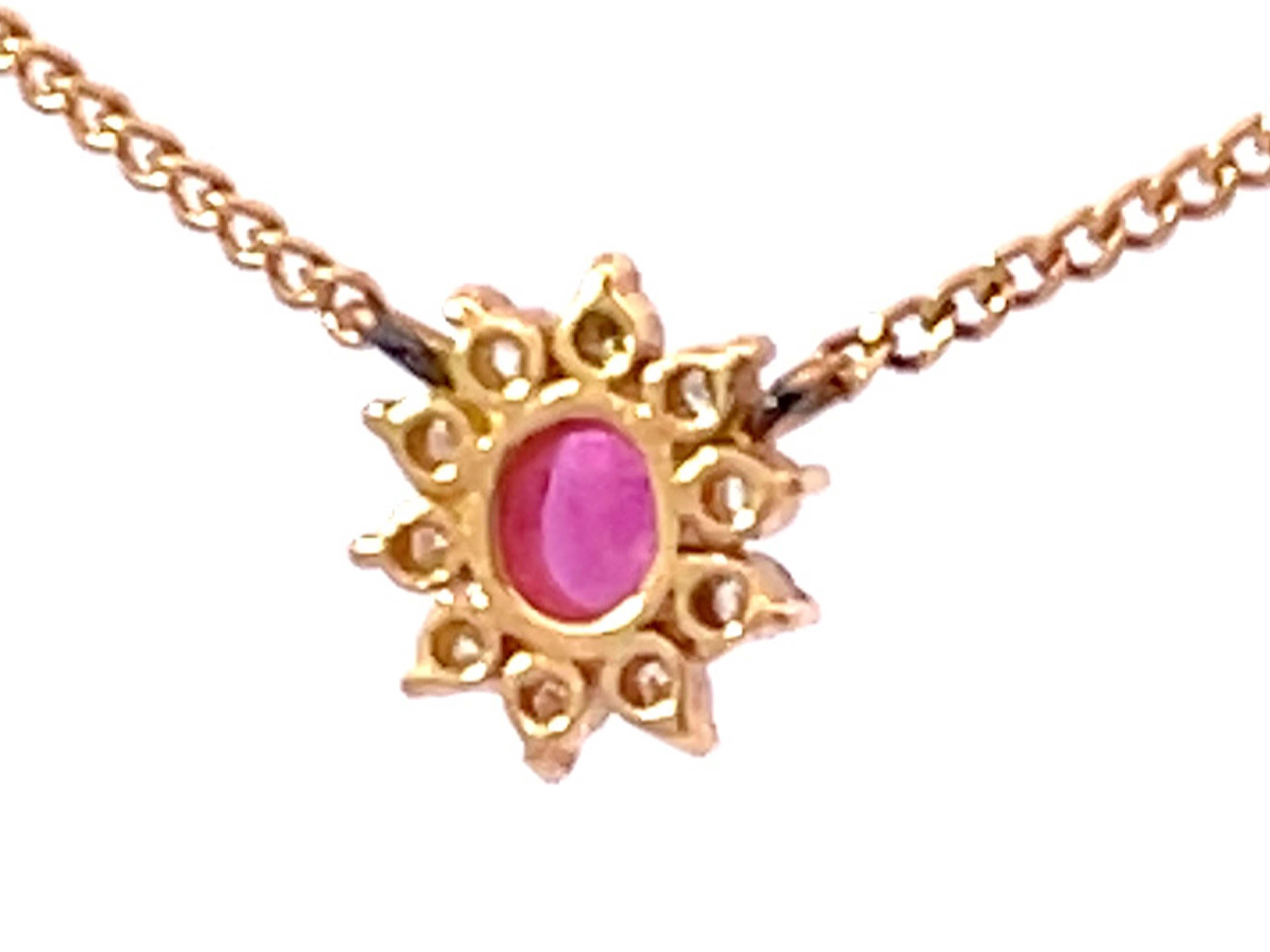 Ruby Diamond Halo Necklace in 18k Yellow Gold For Sale 1