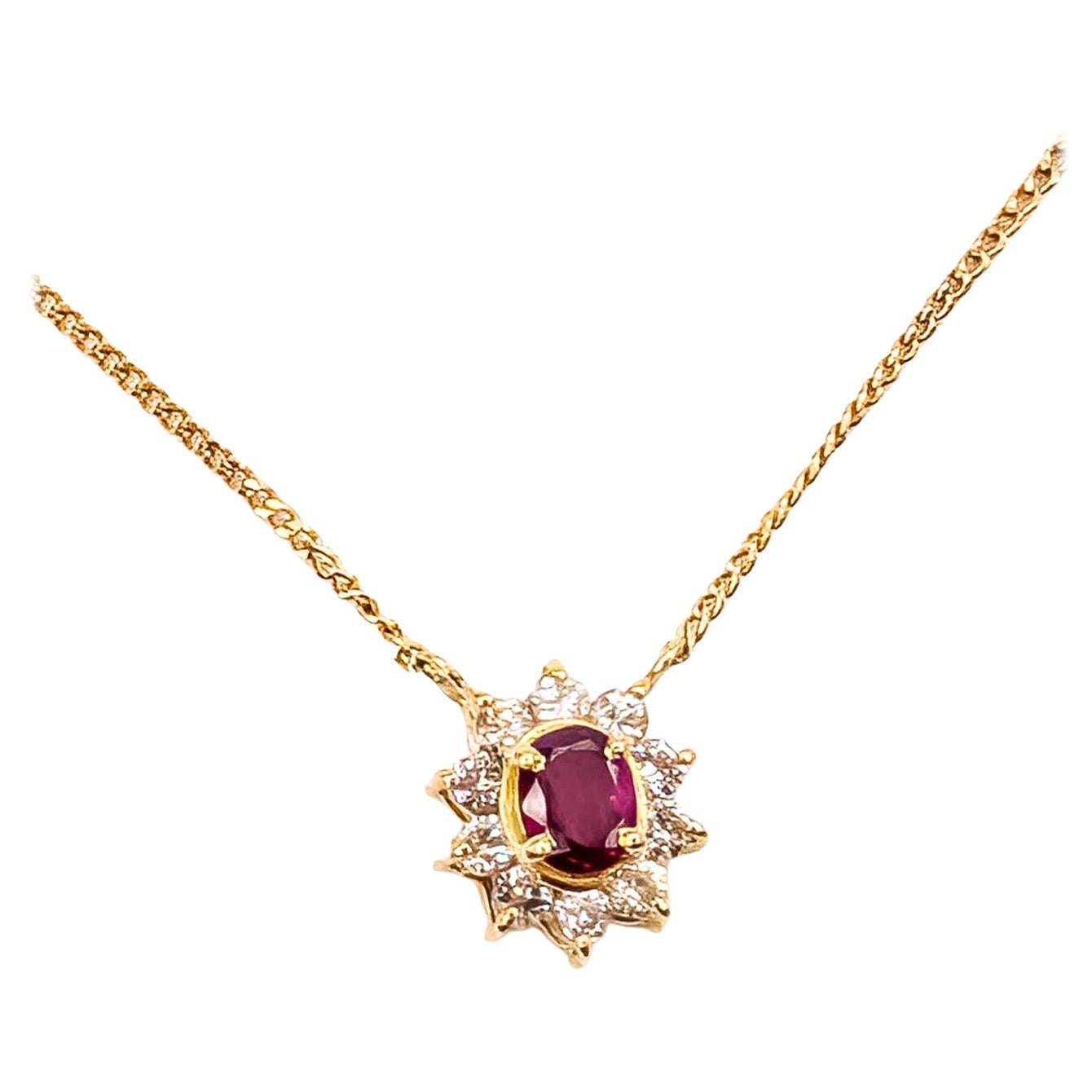 Ruby & Diamond Halo Necklace in 18k Yellow Gold