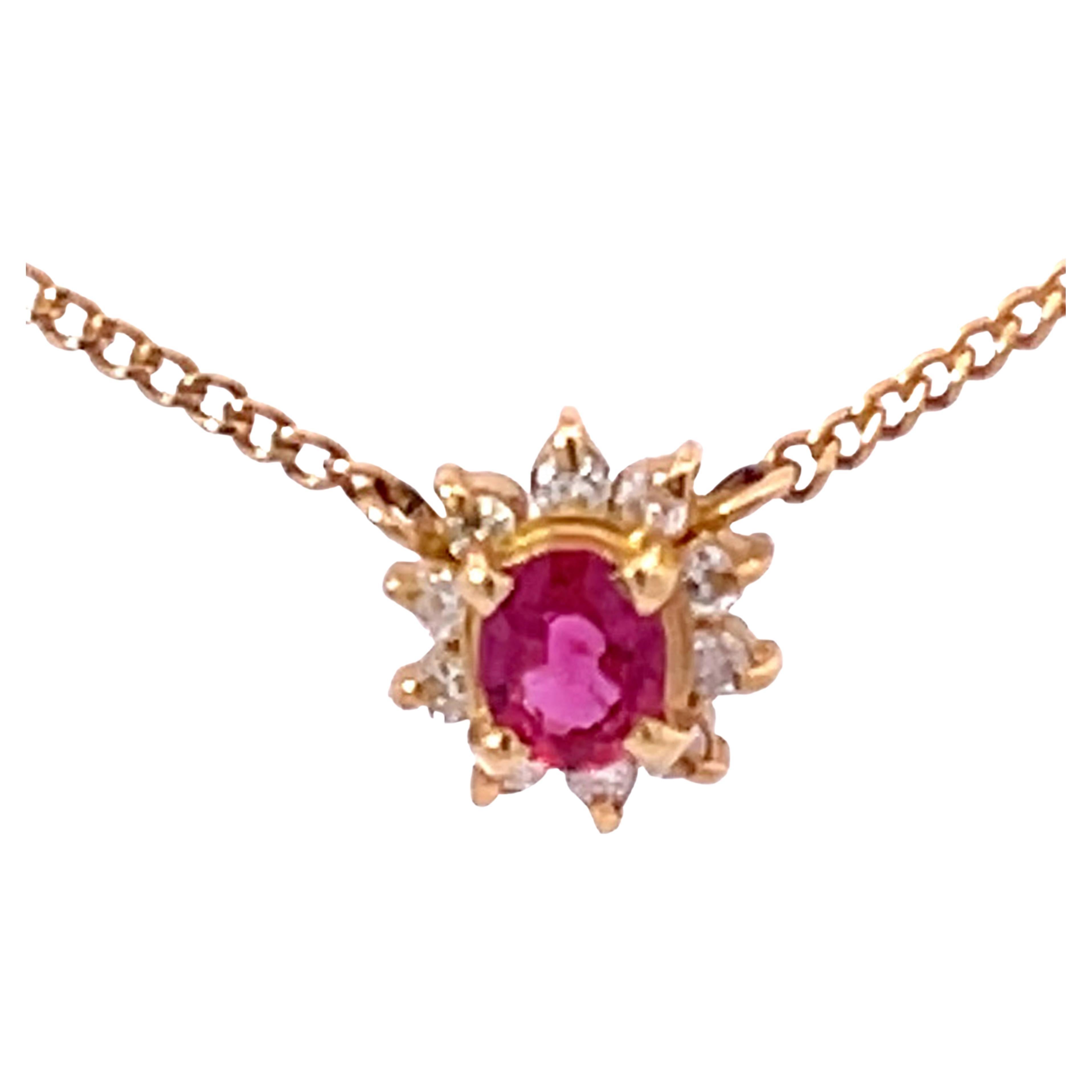 Ruby Diamond Halo Necklace in 18k Yellow Gold For Sale