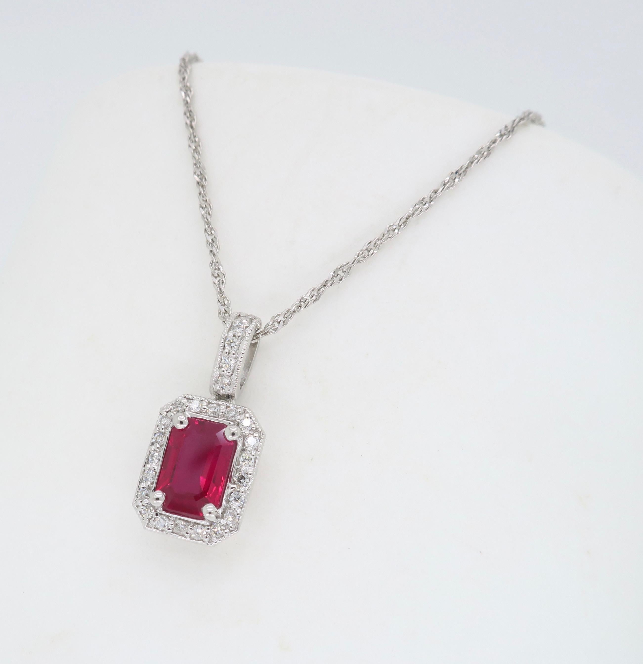 Emerald Cut Ruby and Diamond Halo Pendant Necklace