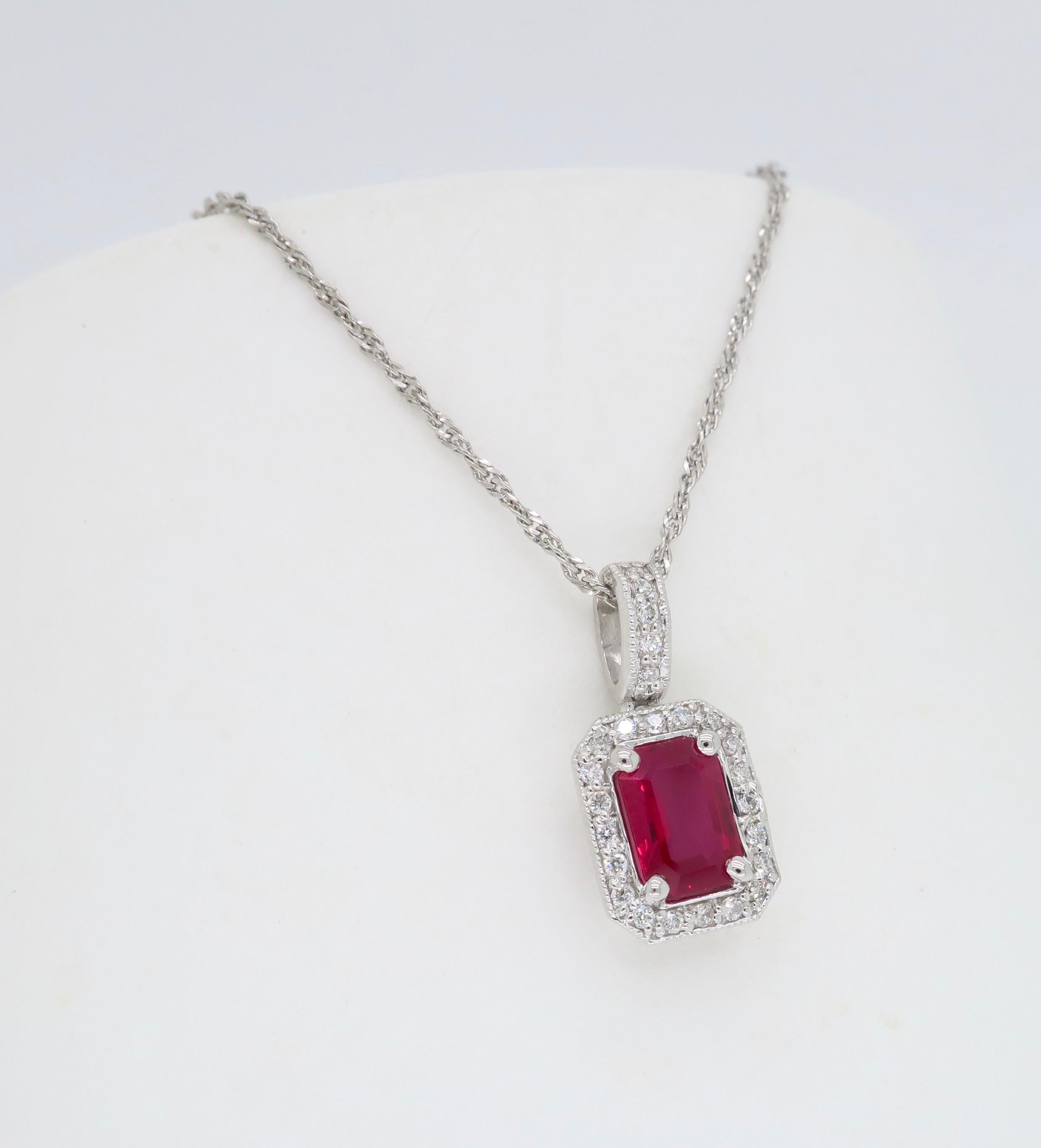 Ruby and Diamond Halo Pendant Necklace In New Condition In Webster, NY