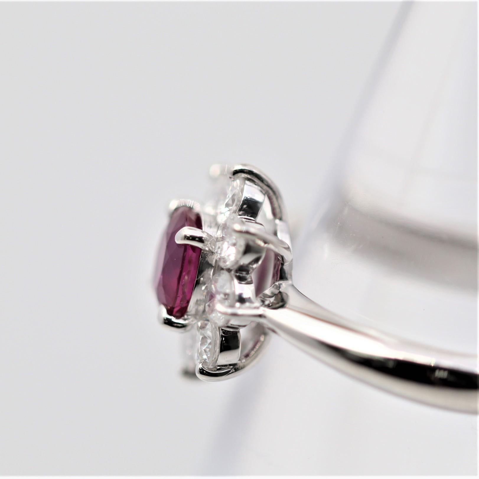Mixed Cut Ruby Diamond Halo Platinum Ring For Sale