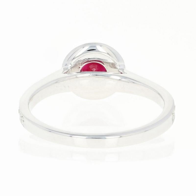 Ruby and Diamond Halo Ring, 14 Karat Gold Cathedral Milgrain Round Cut .74 Carat In Excellent Condition In Greensboro, NC