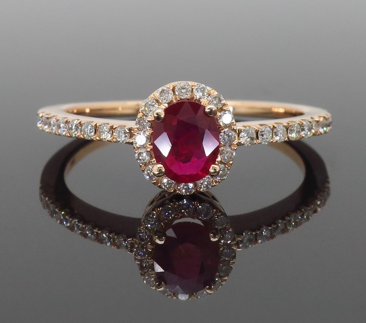 Ruby and Diamond Halo Ring in Rose Gold In New Condition In Webster, NY