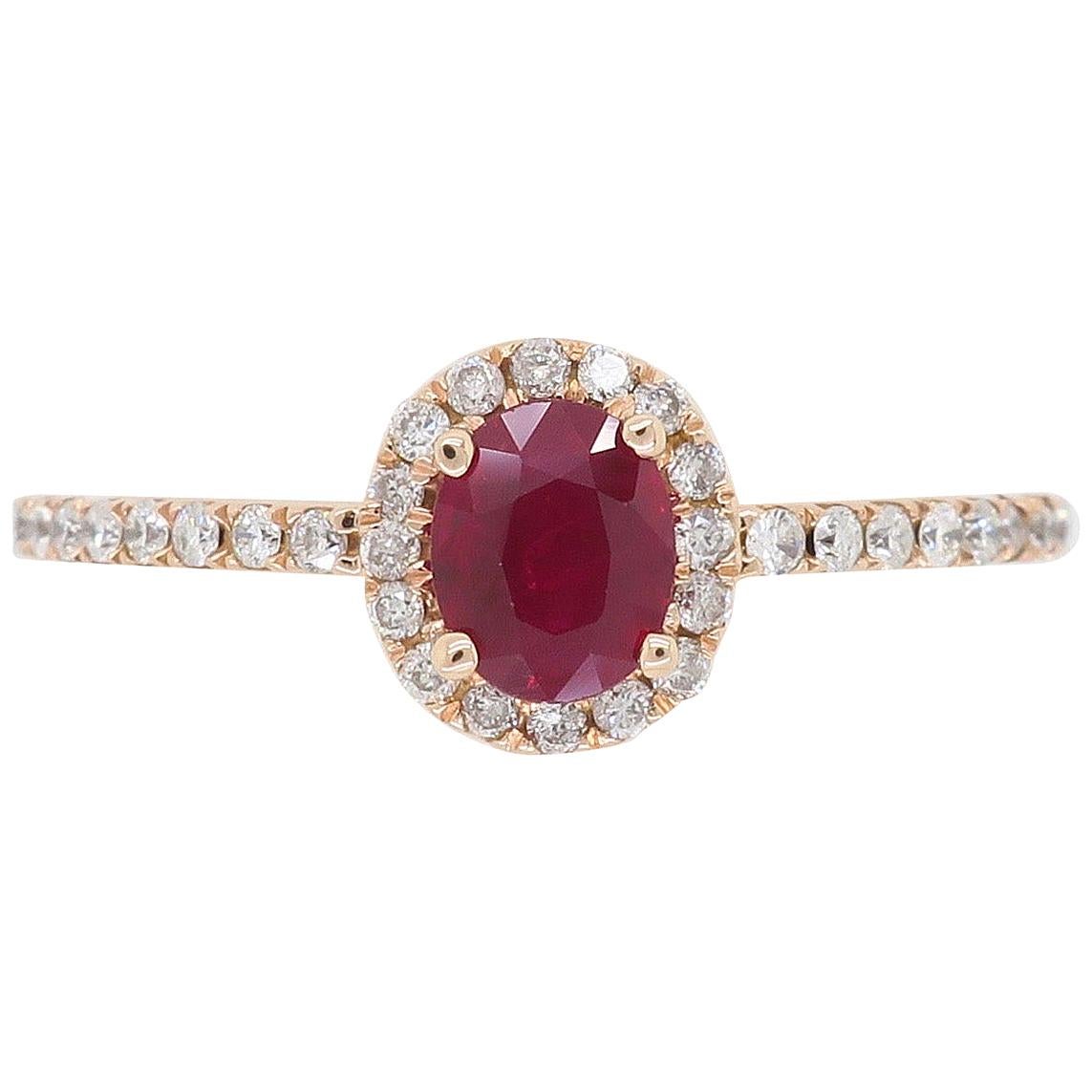 Ruby and Diamond Halo Ring in Rose Gold