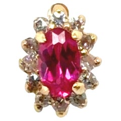 Ruby Diamond Halo Single Stud Earring 1/2ct 14K Yellow Gold Oval Cut