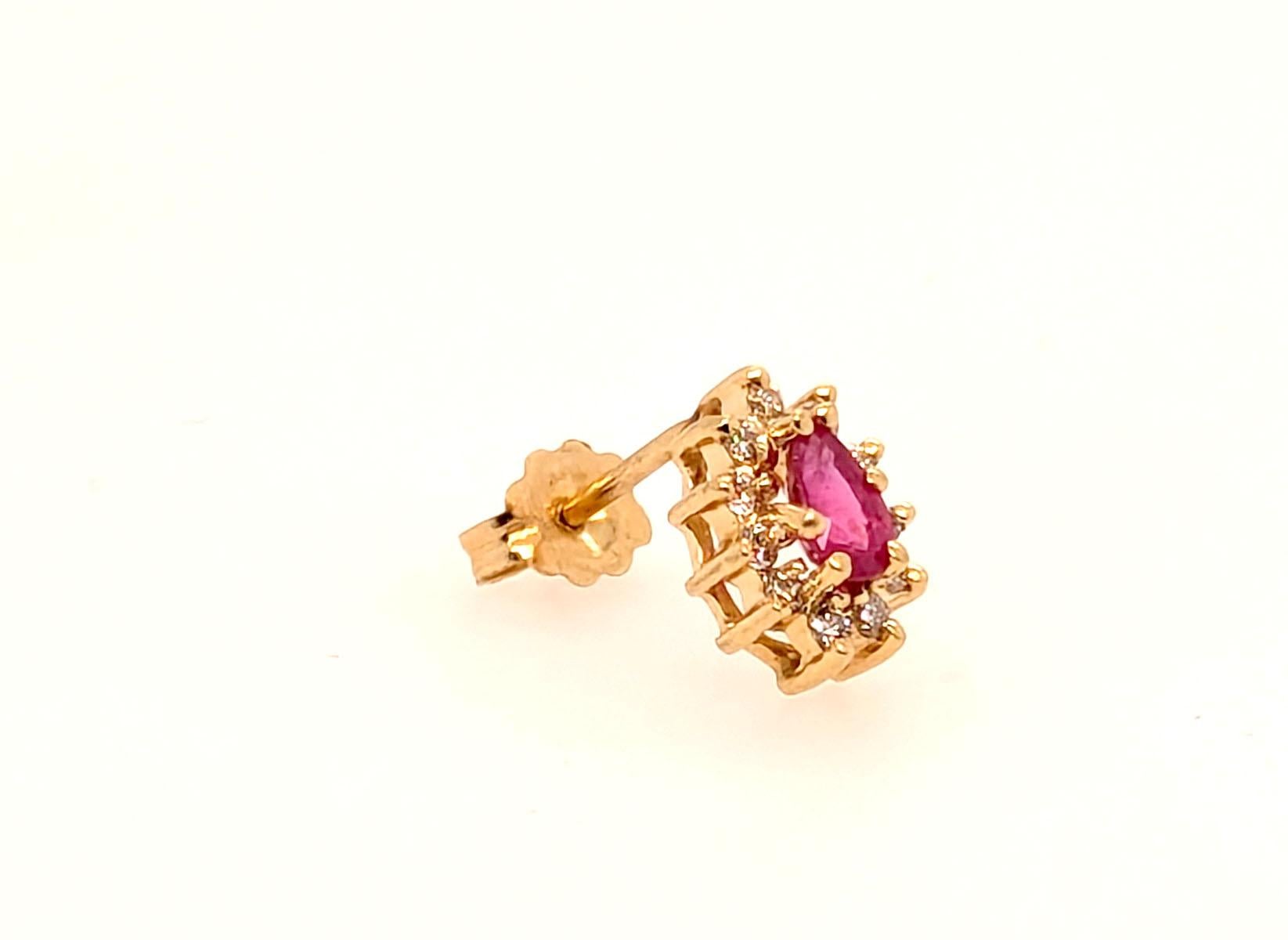Ruby Diamond Halo Single Stud Earring .60ct 14K Yellow Gold Pear Cut (Tropfenschliff) im Angebot