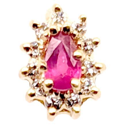 Ruby Diamond Halo Single Stud Earring .60ct 14K Yellow Gold Pear Cut