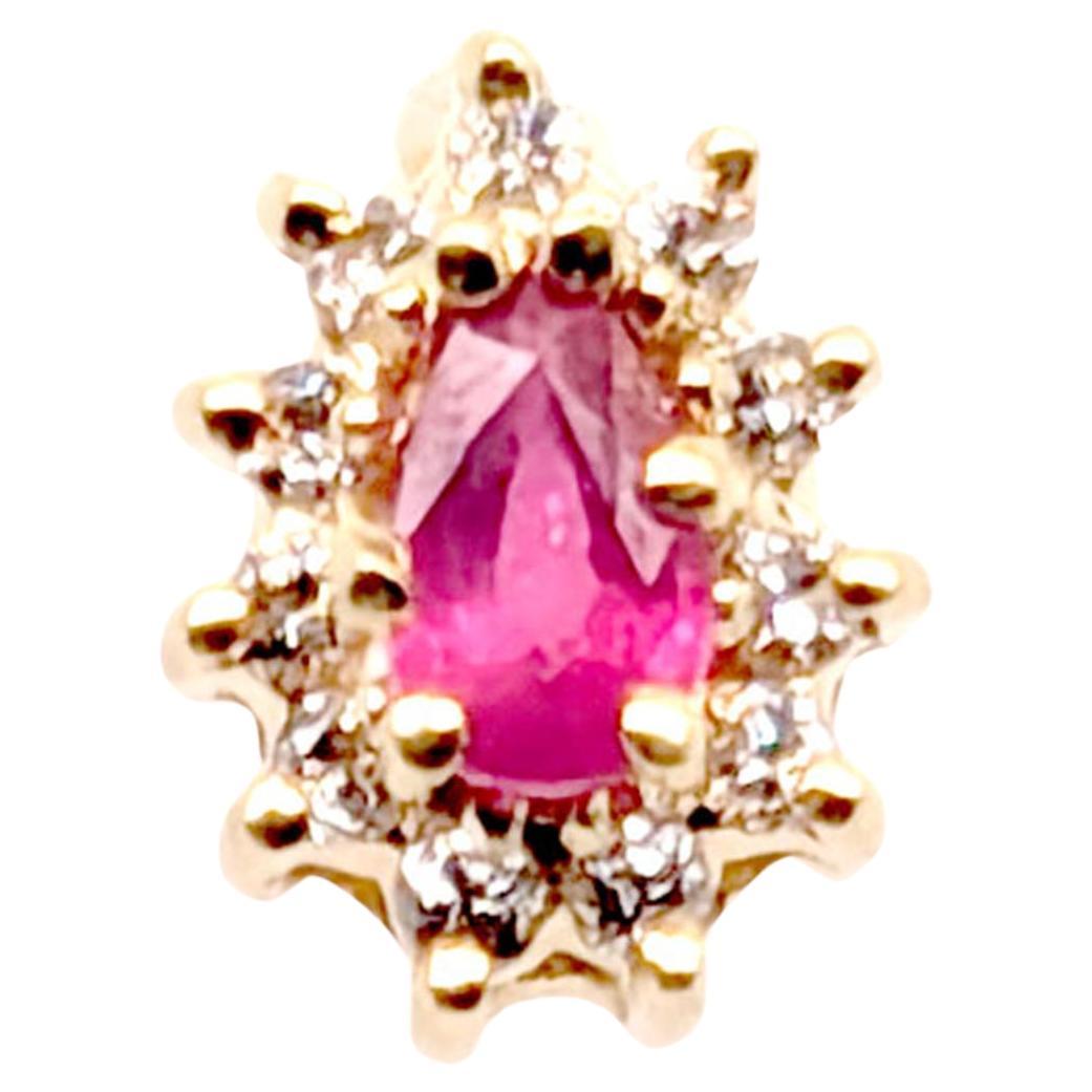 Ruby Diamond Halo Single Stud Earring .60ct 14K Yellow Gold Pear Cut en vente