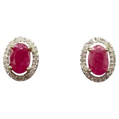 Ruby Diamond Halo Stud Earrings 10K Yellow Gold Oval 1.53g