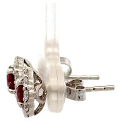Ruby Diamond Halo Stud Earrings 1.20 Carats 18 Karat White Gold 2.2 Grams