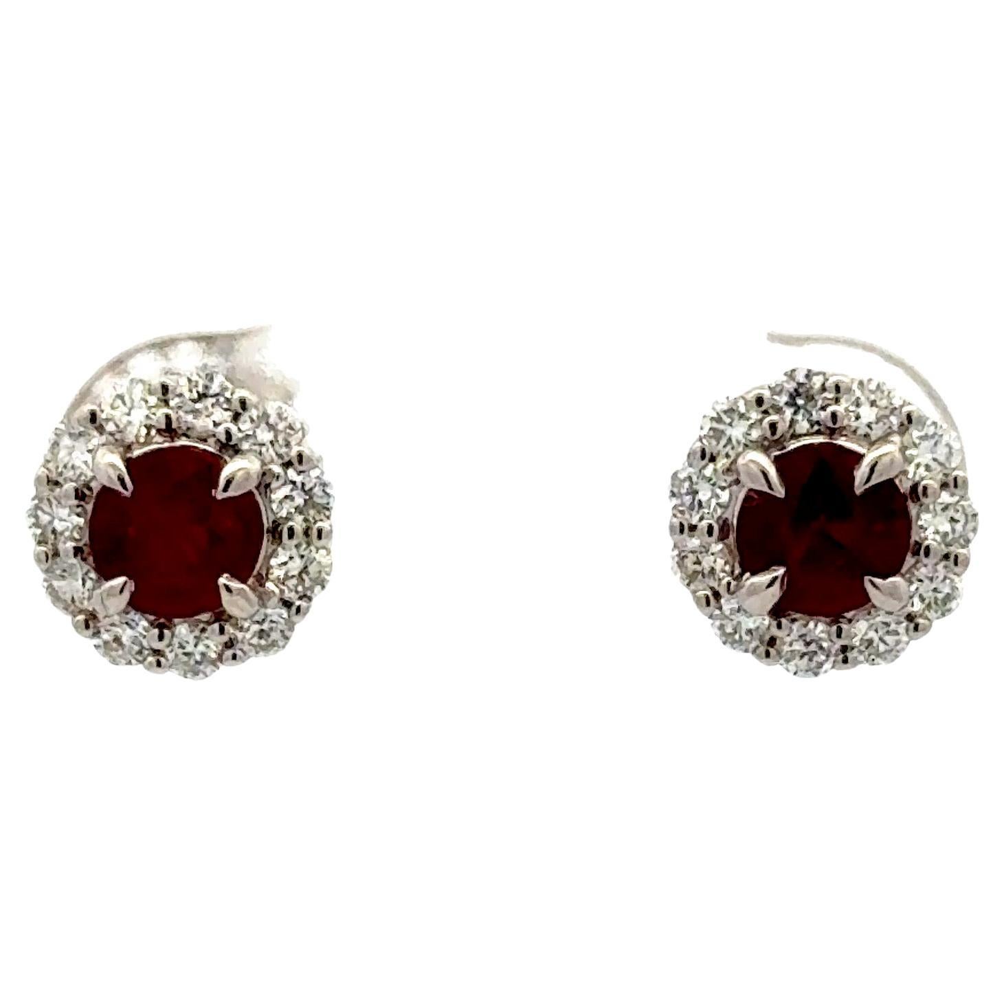 Ruby Diamond Halo Stud Earrings 1.20 Carats 18 Karat White Gold 2.2 Grams For Sale
