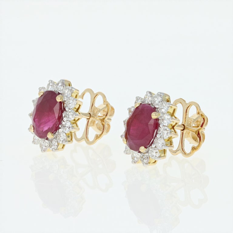 Ruby and Diamond Halo Stud Earrings, 18k Yellow Gold Pierced Oval 4.08