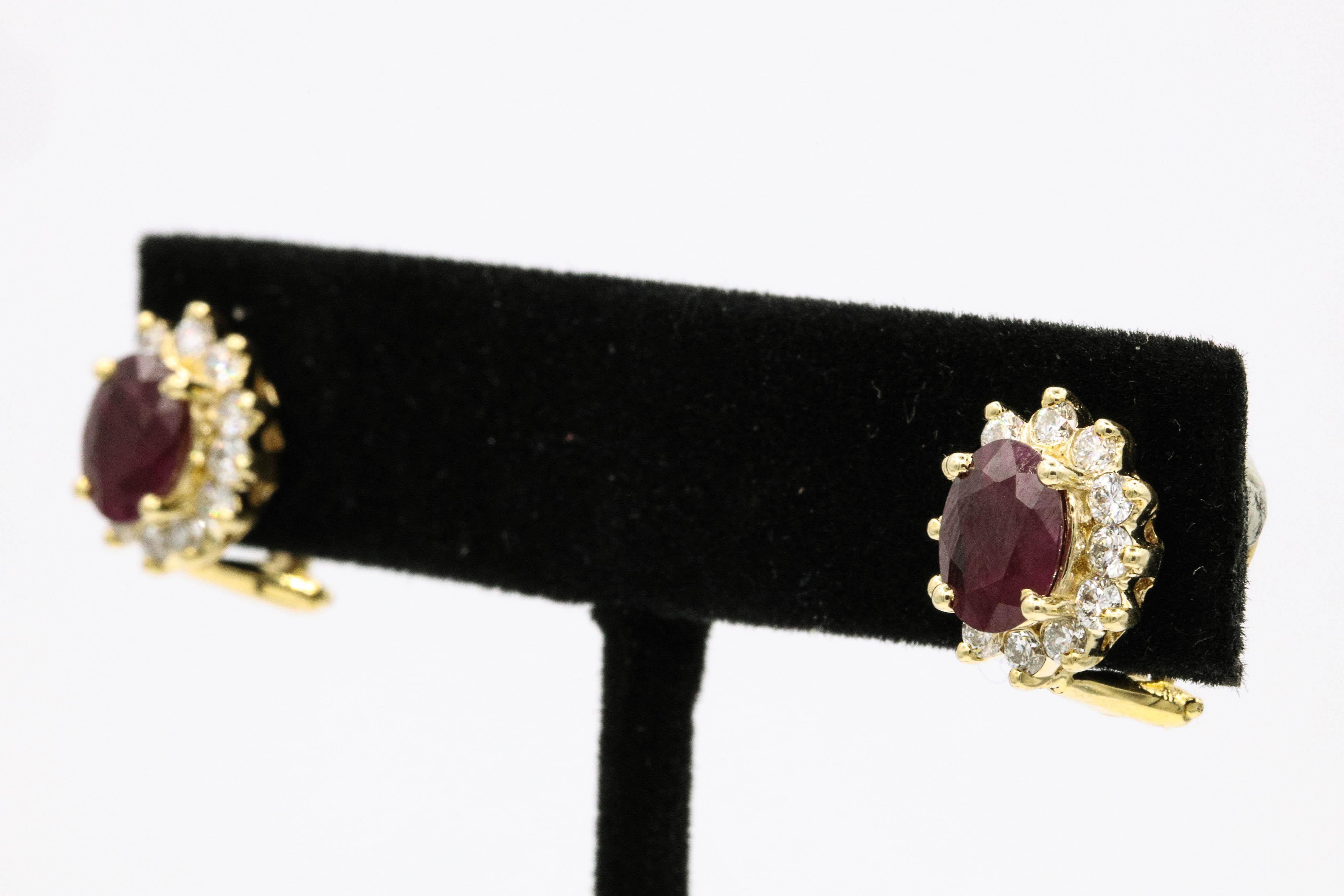 Ruby Diamond Halo Stud Earrings 3.84 Carat Gold 14 Karat In New Condition In New York, NY