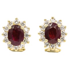 Ruby Diamond Halo Stud Earrings 3.84 Carat Gold