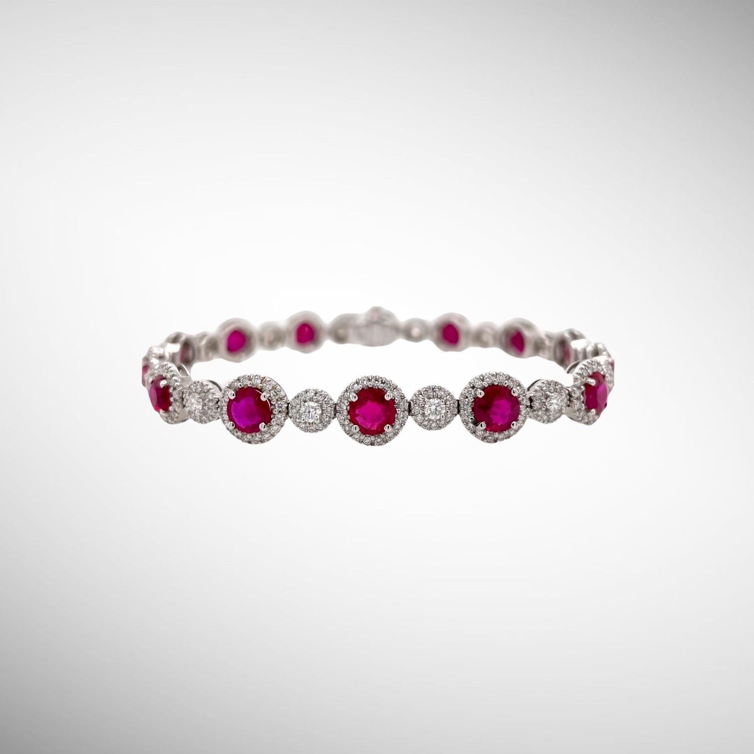 Contemporary Ruby & Diamond Halo Style Bracelet in 18k White Gold For Sale