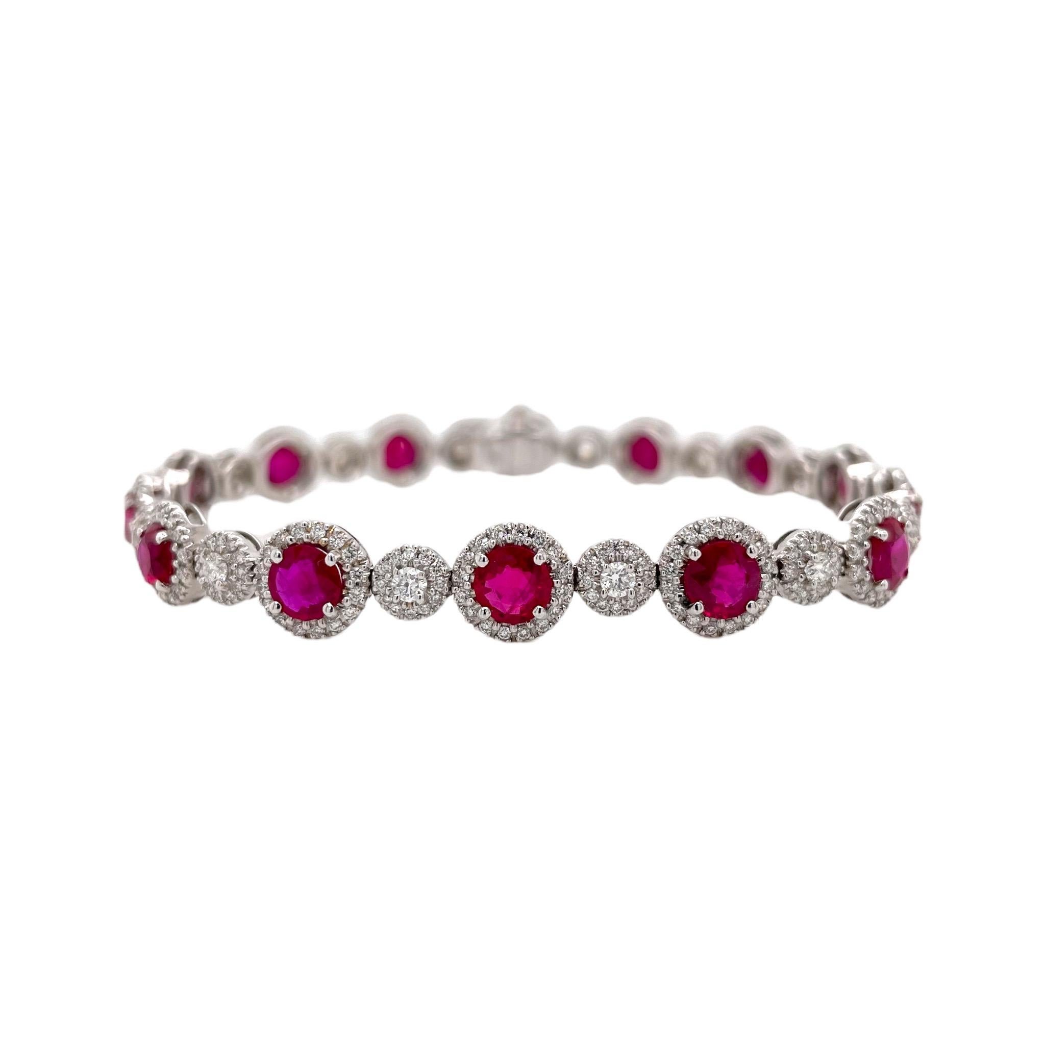 Round Cut Ruby & Diamond Halo Style Bracelet in 18k White Gold For Sale