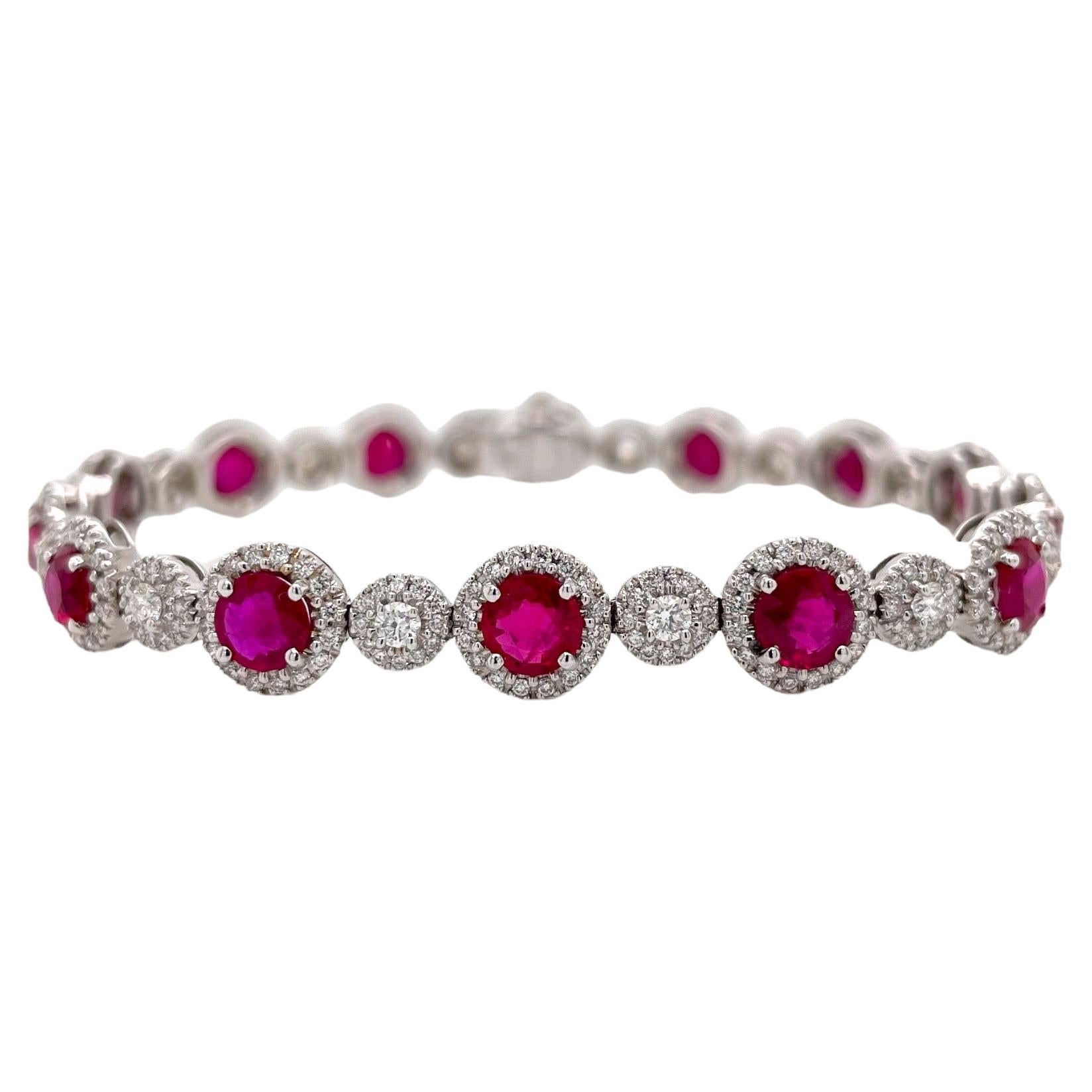 Ruby & Diamond Halo Style Bracelet in 18k White Gold For Sale