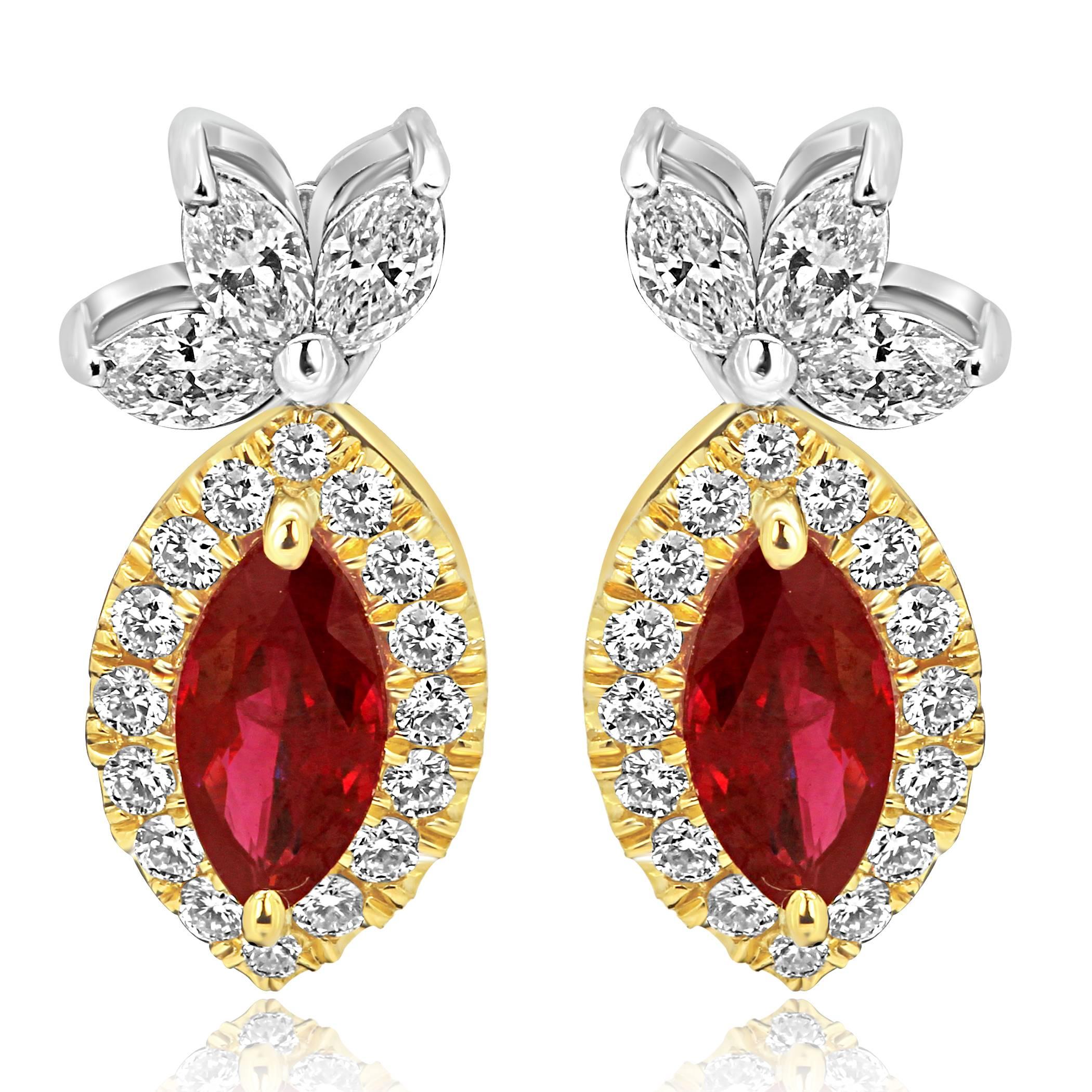 Stunning 2 Ruby Marquise 1.68 Carat encircled in a single halo of white round diamonds 0.66 Carat with 6 White Diamond Marquise on top 0.66 Carat in 18K White and Yellow Gold Chic every day wear earrings.

Style available in different price ranges.