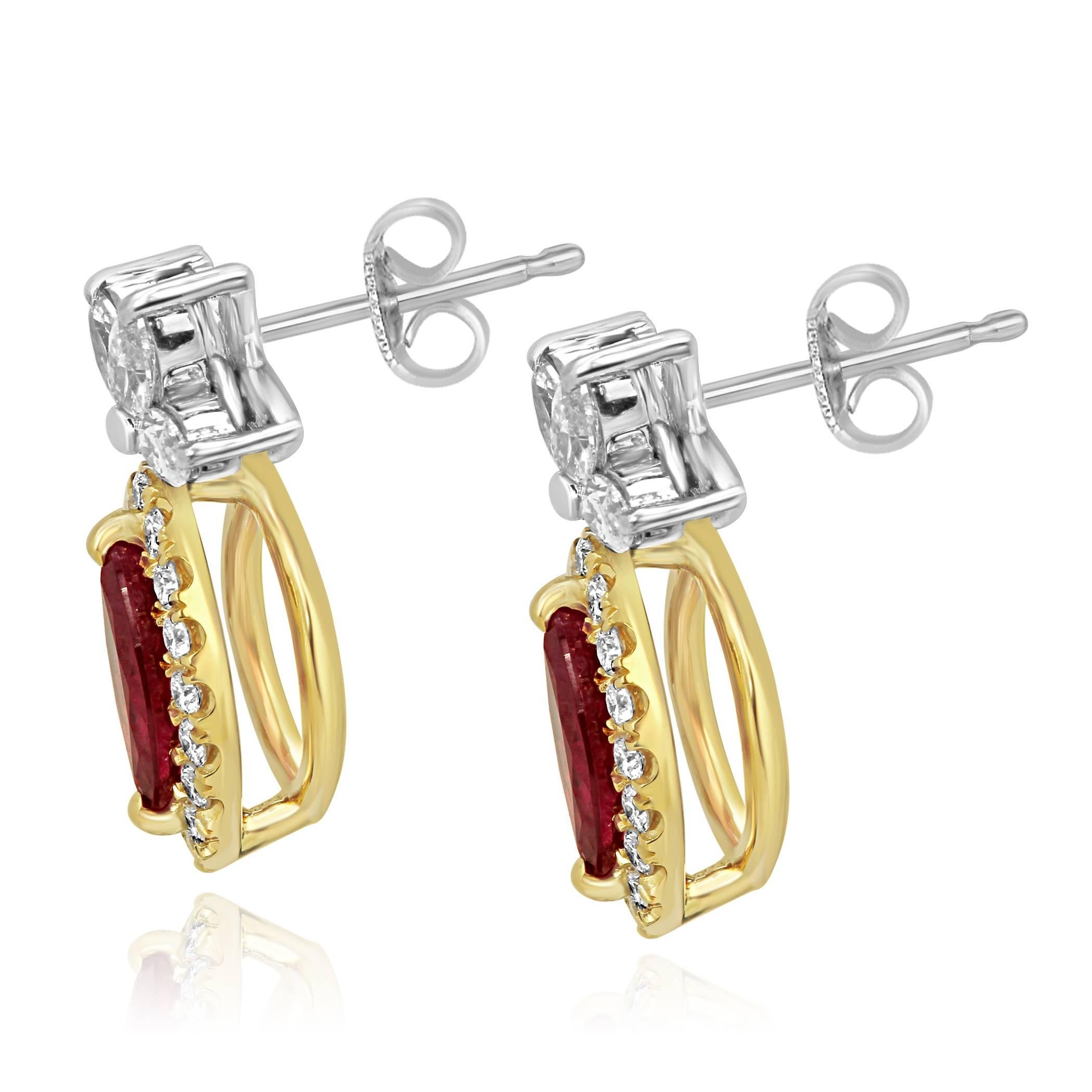 Modern Ruby Diamond Halo Two-Color Gold Drop Earring
