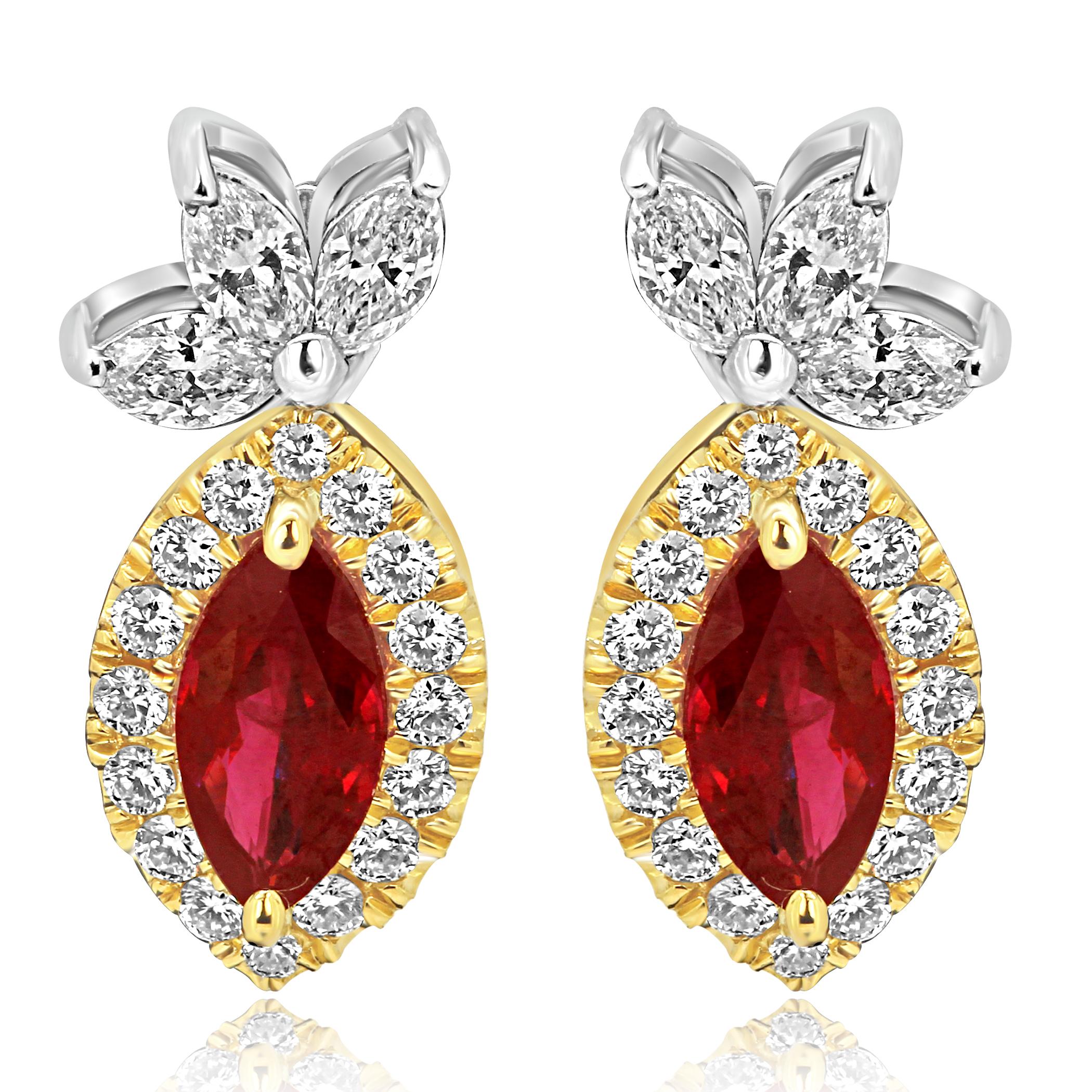 Marquise Cut Ruby Diamond Halo Two-Color Gold Drop Earring