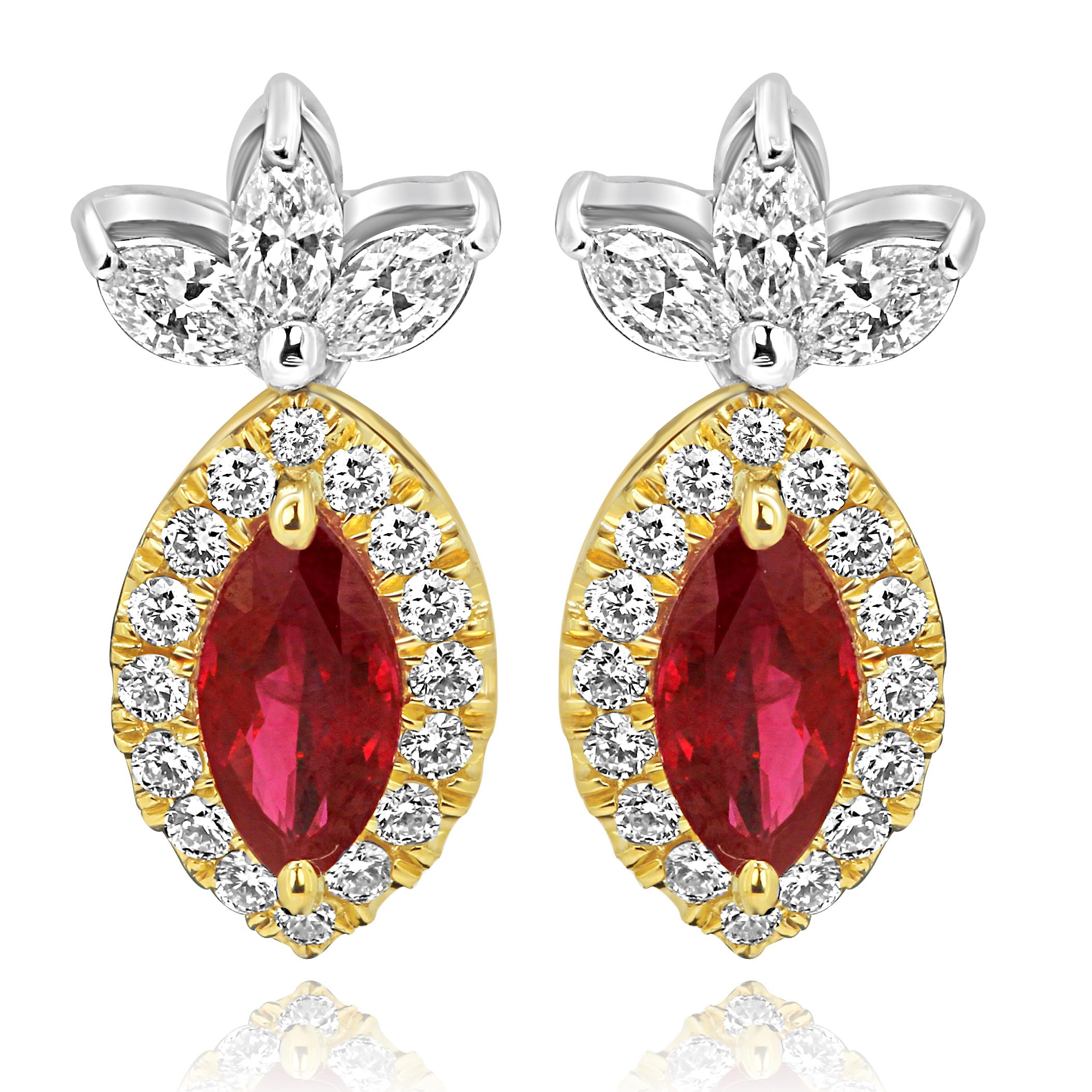 Ruby Diamond Halo Two-Color Gold Drop Earring In New Condition In NEW YORK, NY