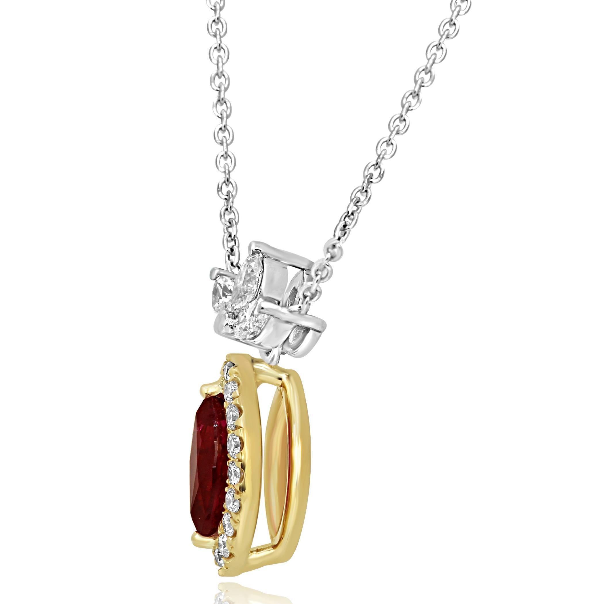 Ruby Diamond Halo Two Color Gold Necklace