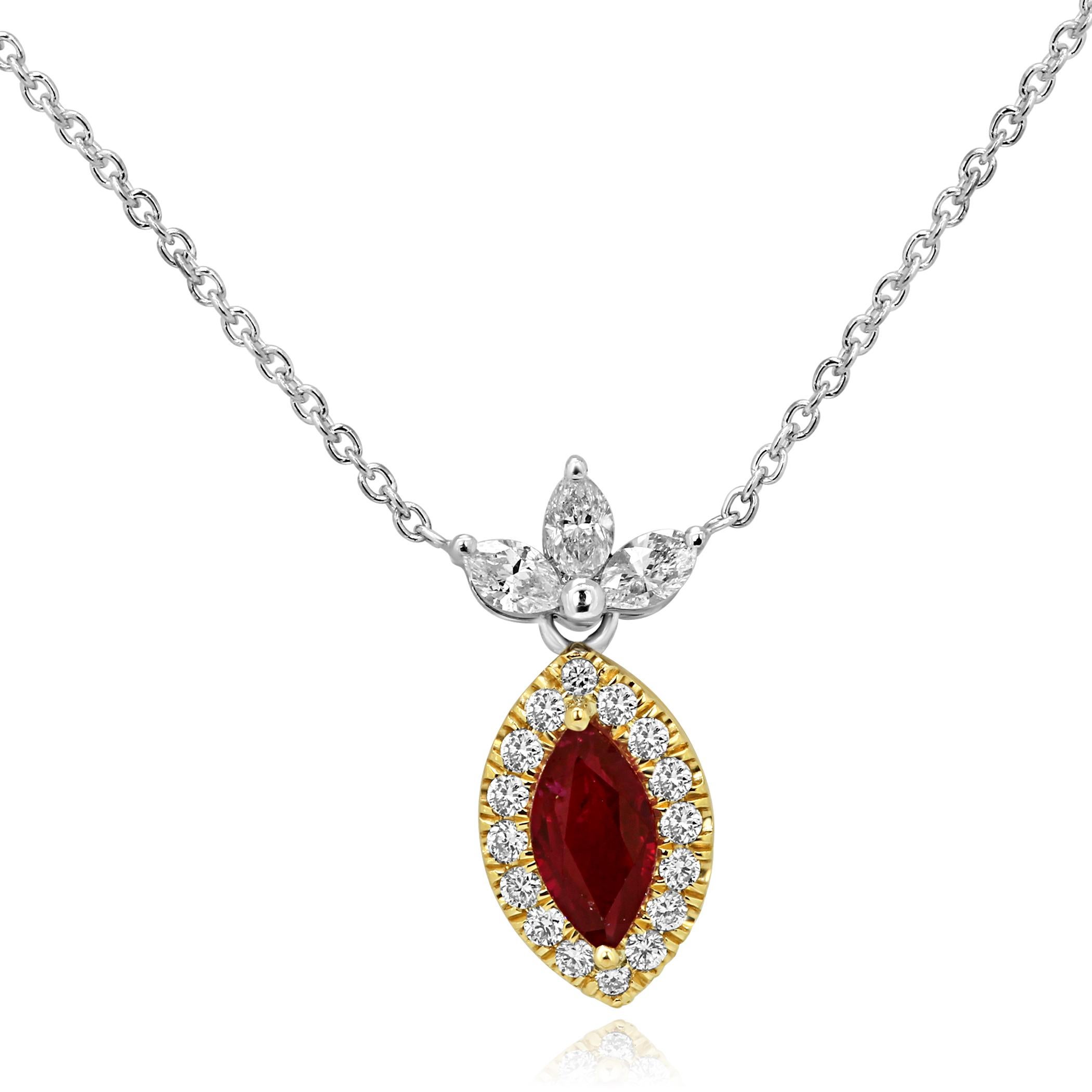 Marquise Cut Ruby Diamond Halo Two Color Gold Necklace