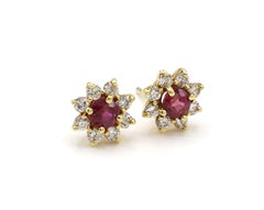 Ruby & Natural Diamond Halo Yellow Gold Stud Earrings