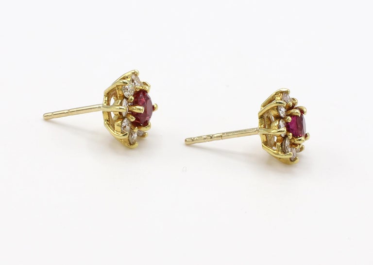 Ruby and Diamond Halo Yellow Gold Stud Earrings For Sale at 1stDibs