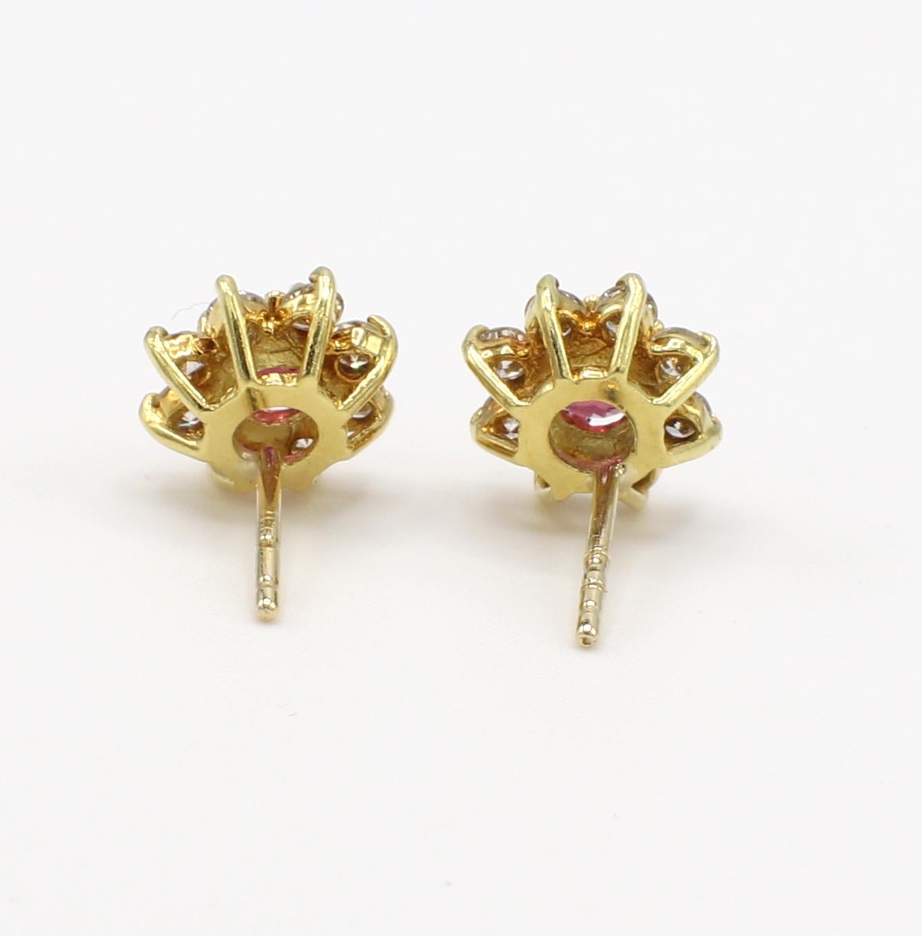 Round Cut Ruby & Natural Diamond Halo Yellow Gold Stud Earrings