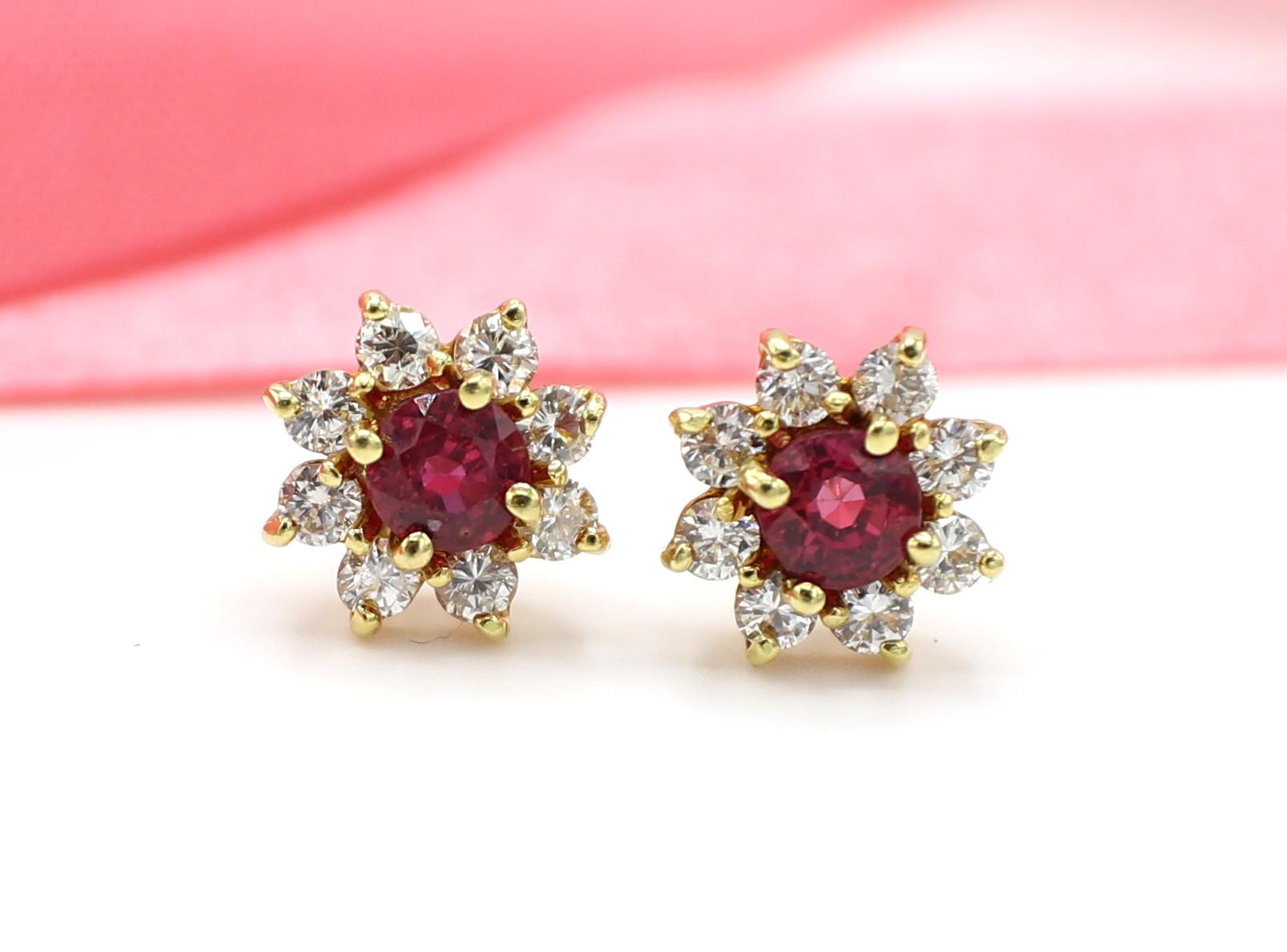Women's Ruby & Natural Diamond Halo Yellow Gold Stud Earrings