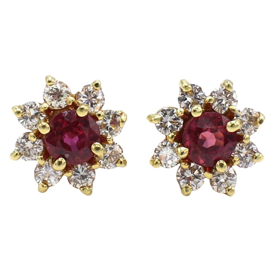 Ruby & Natural Diamond Halo Yellow Gold Stud Earrings