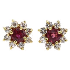 Ruby & Diamond Halo Yellow Gold Stud Earrings