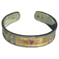 Ruby Diamond Heart Cuff Bracelet Gold Plated Blue Enamel Truth Faith