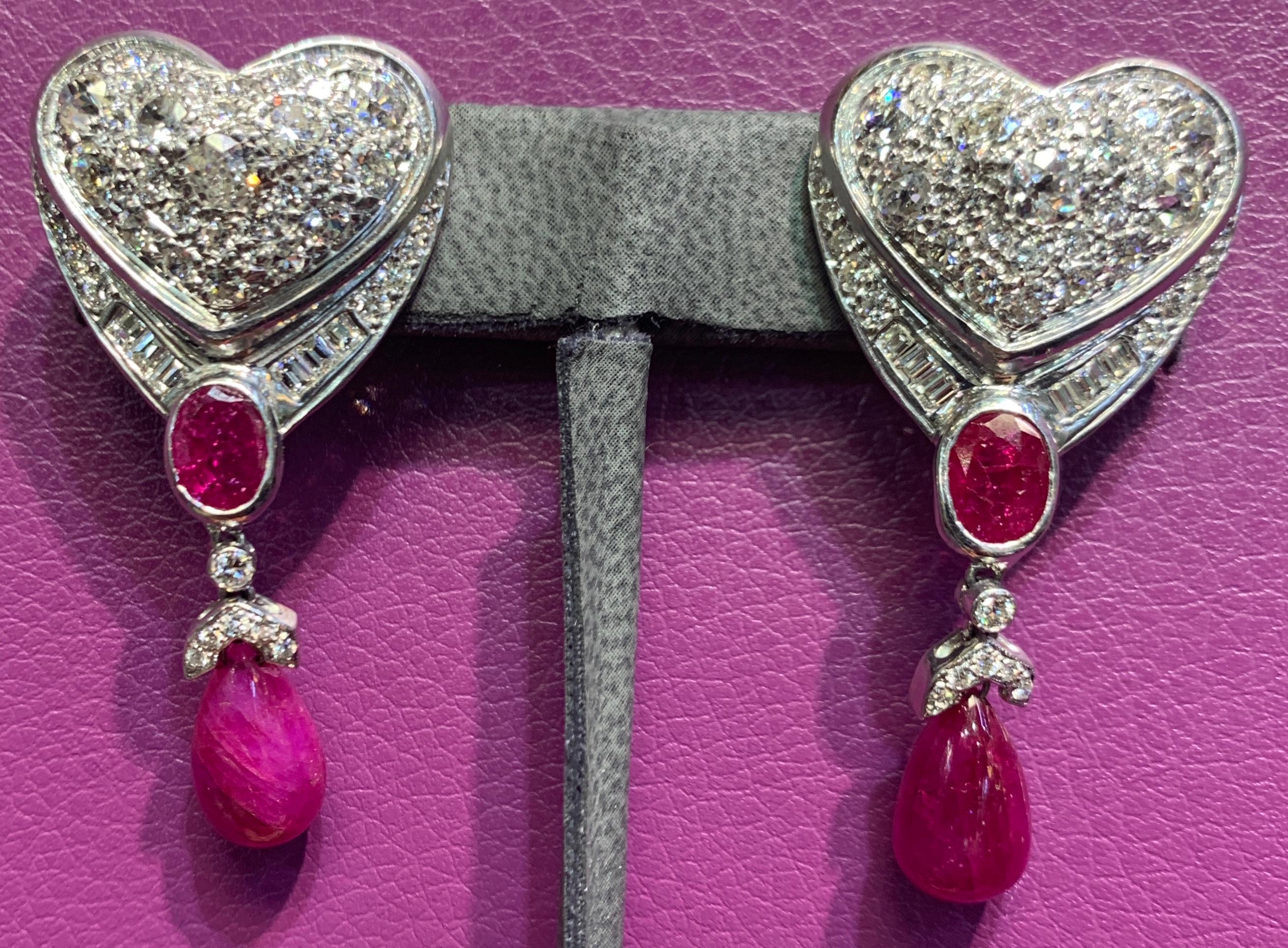 Pear Cut Ruby and Diamond Heart Drop Earrings