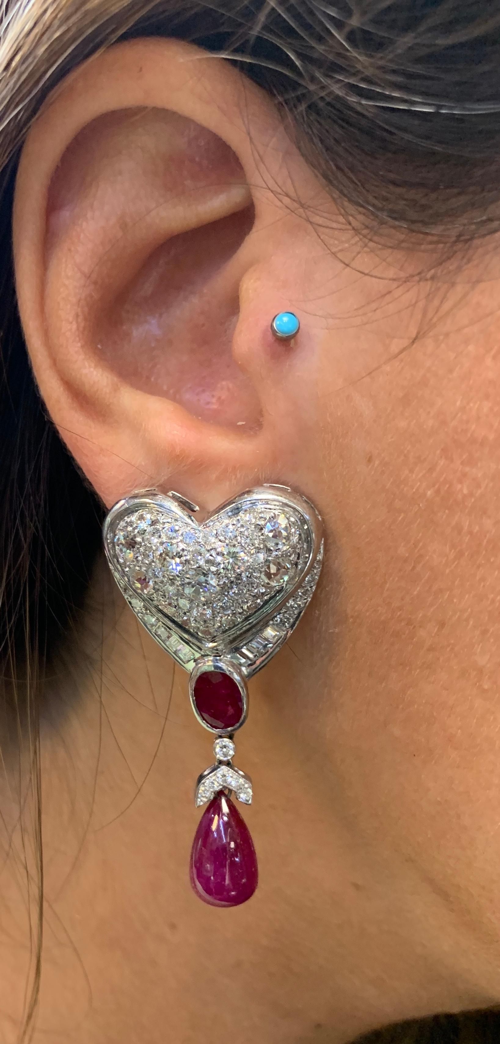 Ruby and Diamond Heart Drop Earrings In Excellent Condition In New York, NY