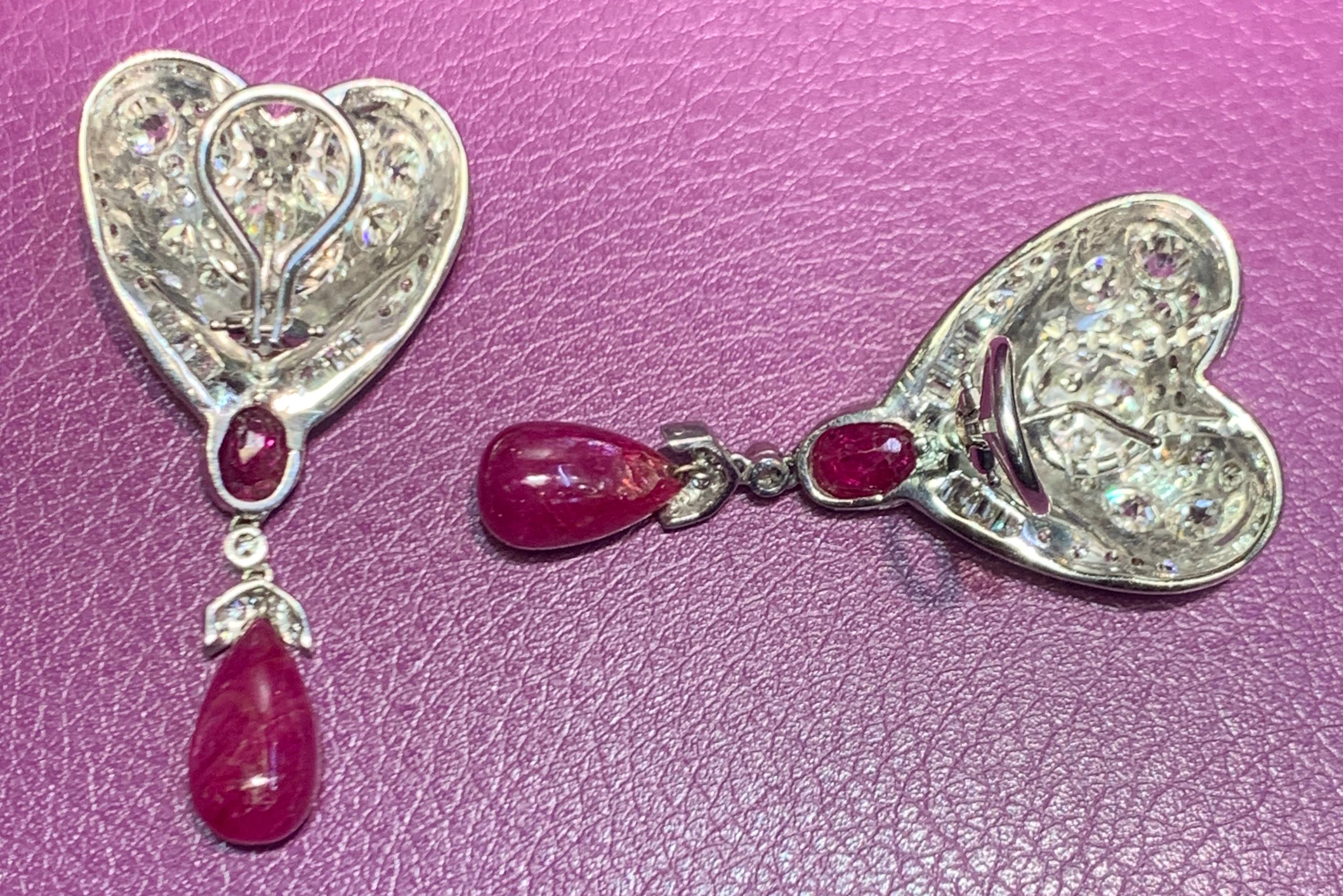 Women's Ruby and Diamond Heart Drop Earrings