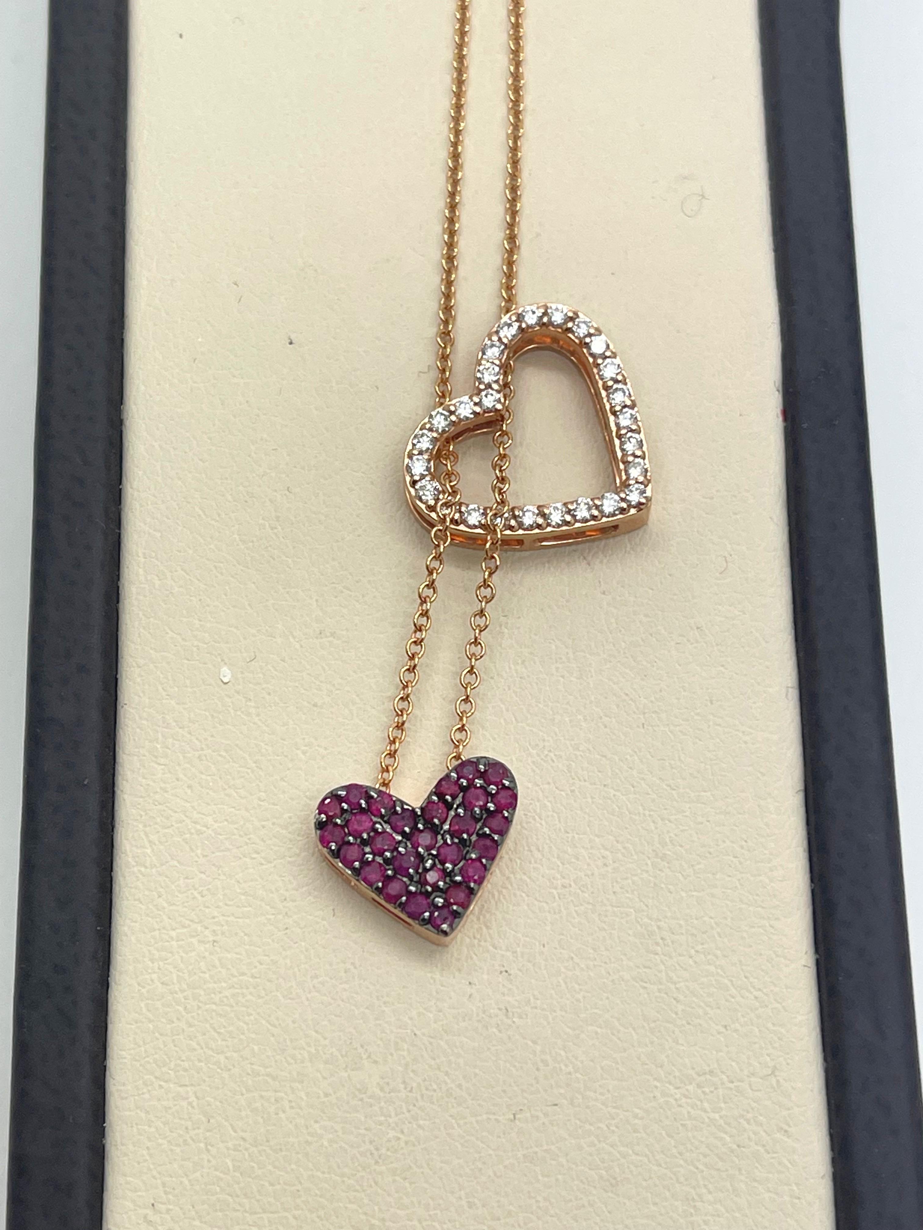 Round Cut Ruby & Diamond Heart necklace In 14k Rose Gold For Sale