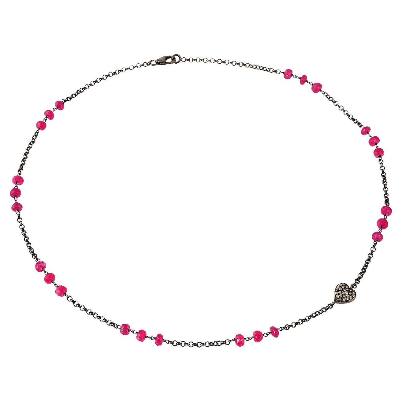 Ruby & Diamond Heart Pendant Chain Necklace Made In Silver