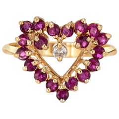 Ruby Diamond Heart Pinky Ring Vintage 14 Karat Yellow Gold Estate Fine Jewelry