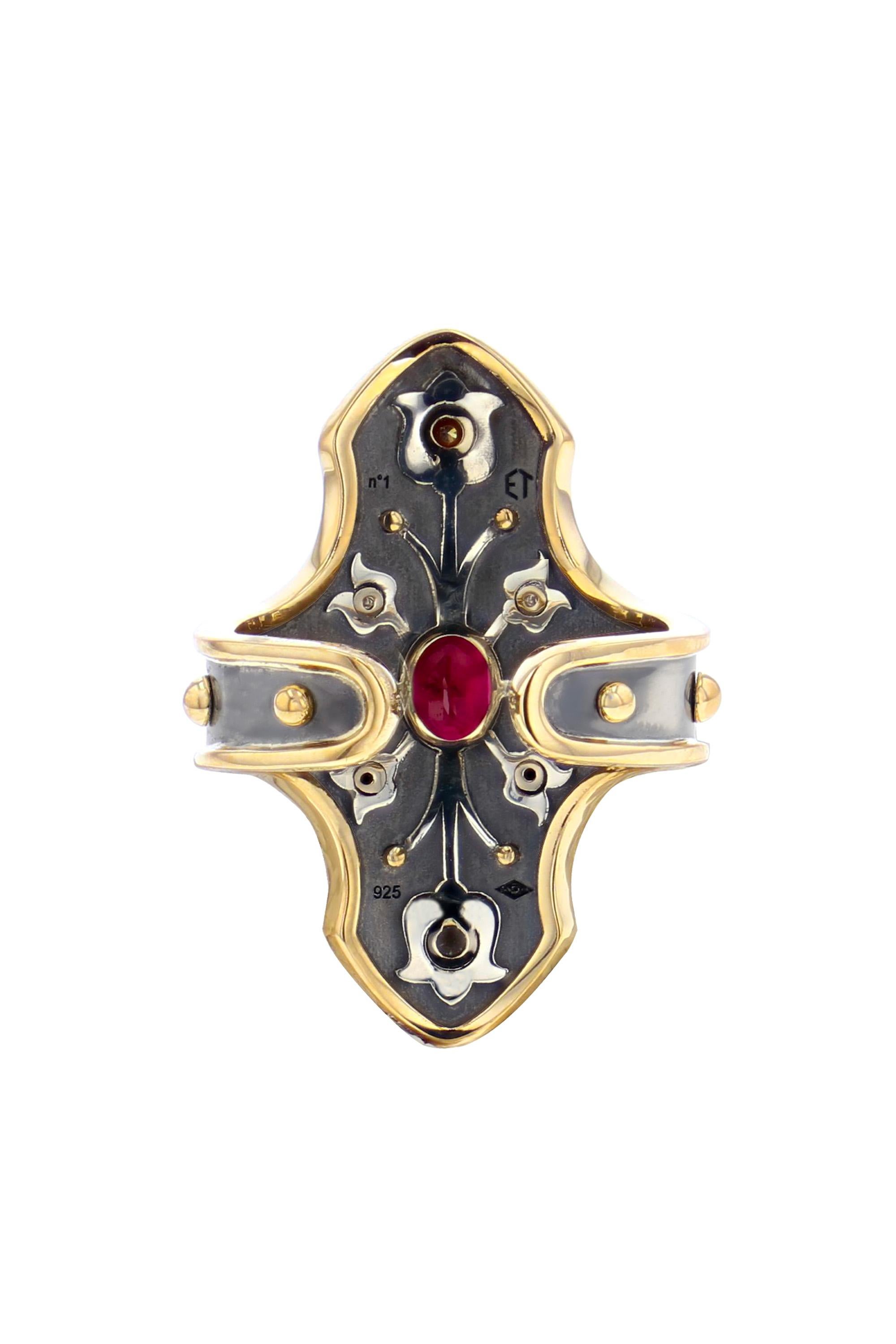 Neoclassical Ruby & Diamond Heaume Ring in 18k Yellow Gold by Elie Top For Sale