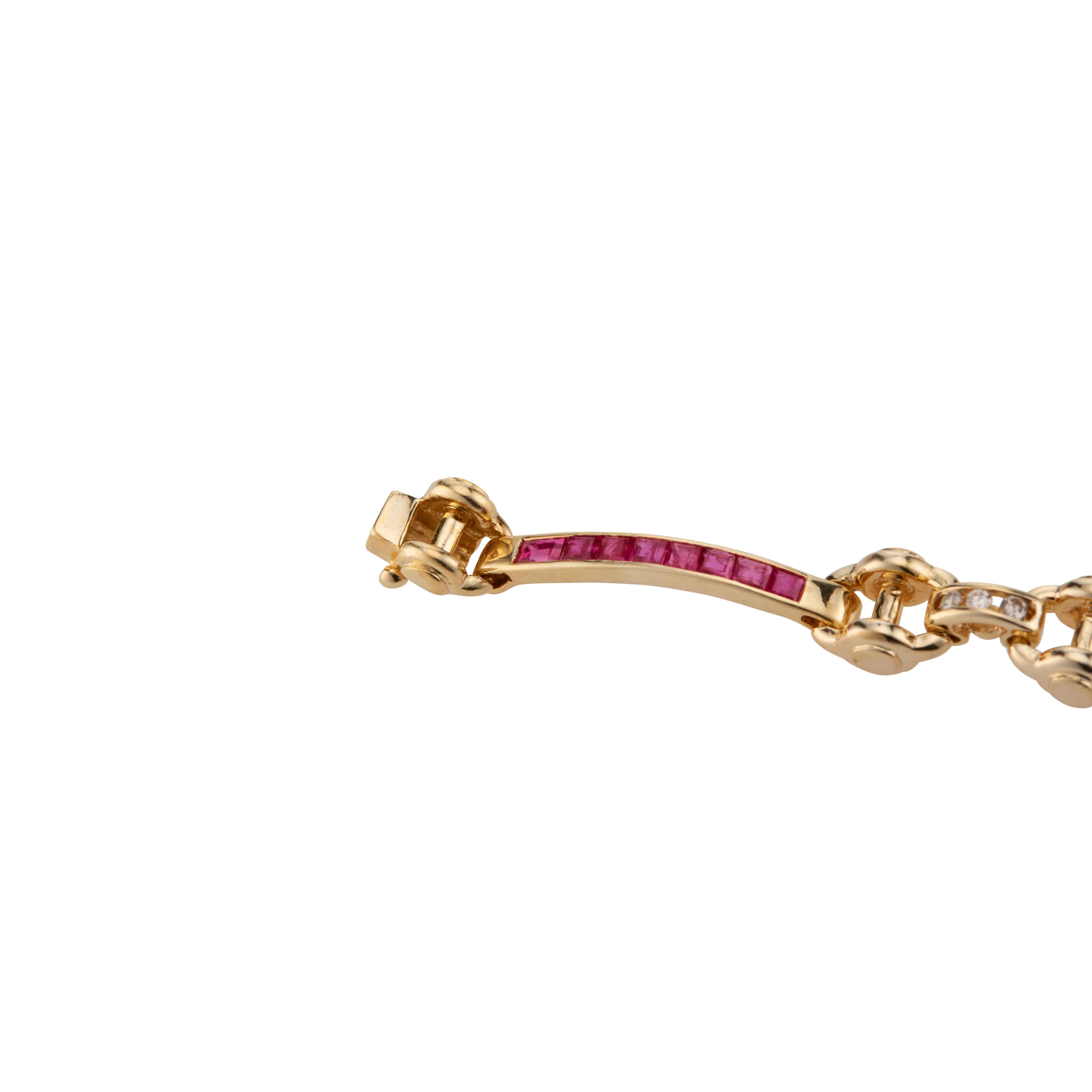 Women's Ruby Diamond Hinged Bar Link Gold Bracelet For Sale